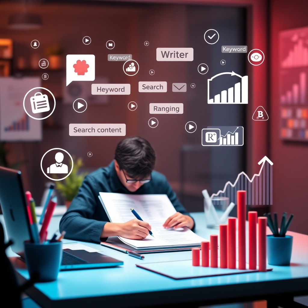 Visualize a digital workspace with a writer crafting content surrounded by floating keyword entities, icons of search engines, and graphs showing improved rankings. Use a modern design with a warm color palette, symbolizing creativity and effectiveness.