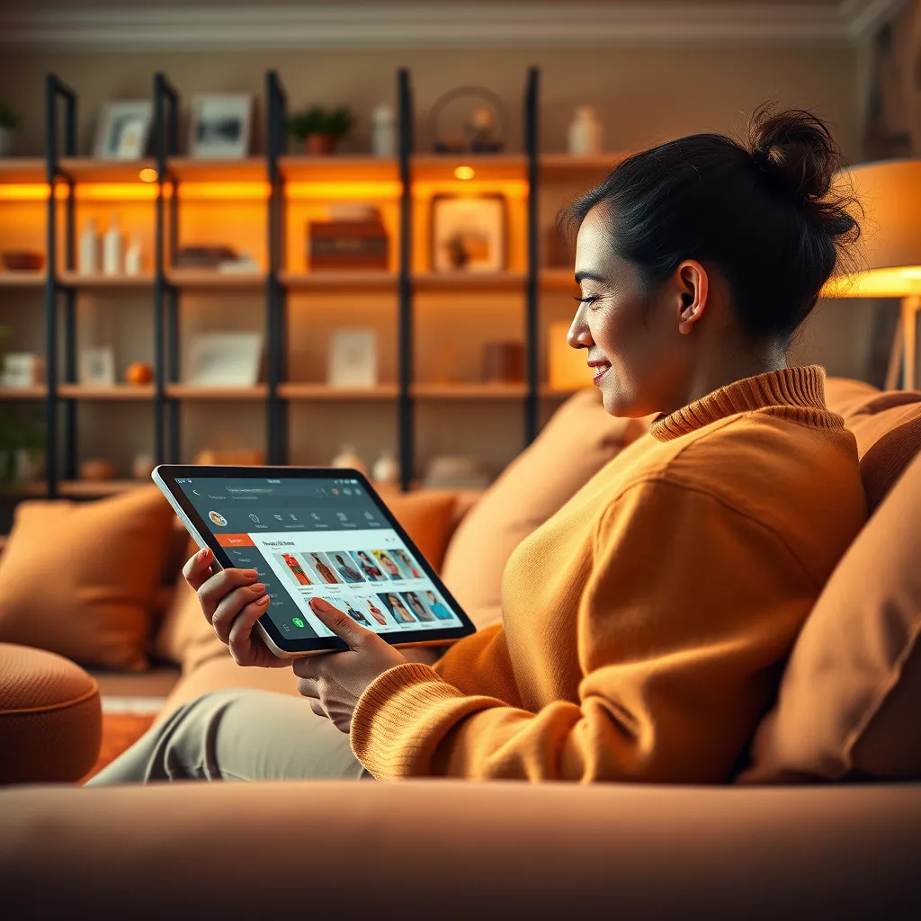 Visualize a vibrant e-commerce platform interface on a tablet, displaying a chatbot assisting a customer in product searches. The scene is set in a cozy living room with warm lighting to create a relaxed atmosphere. Use a rich color palette of oranges and yellows to complement the inviting setting. Capture the image from a close-up perspective, focusing on the tablet screen and the customer's engaged expression. Highlight the texture of the tablet's sleek glass surface and the fabric of the sofa. In the background, a bookshelf filled with products and decorations adds context. Include soft atmospheric elements like cushions and a stylish rug to enhance warmth. The image should convey a harmonious blend of technology and comfort, aiming for ultra-detailed imagery in 8K resolution to showcase the interactive interface.