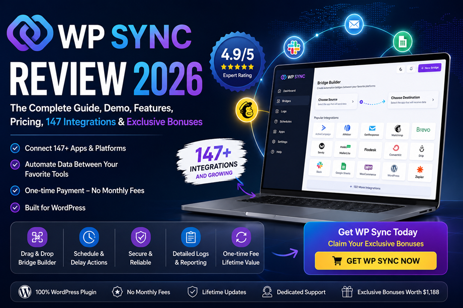 WP Sync Review 2026 hero graphic showing integrations, bridge builder, rating and bonus offer