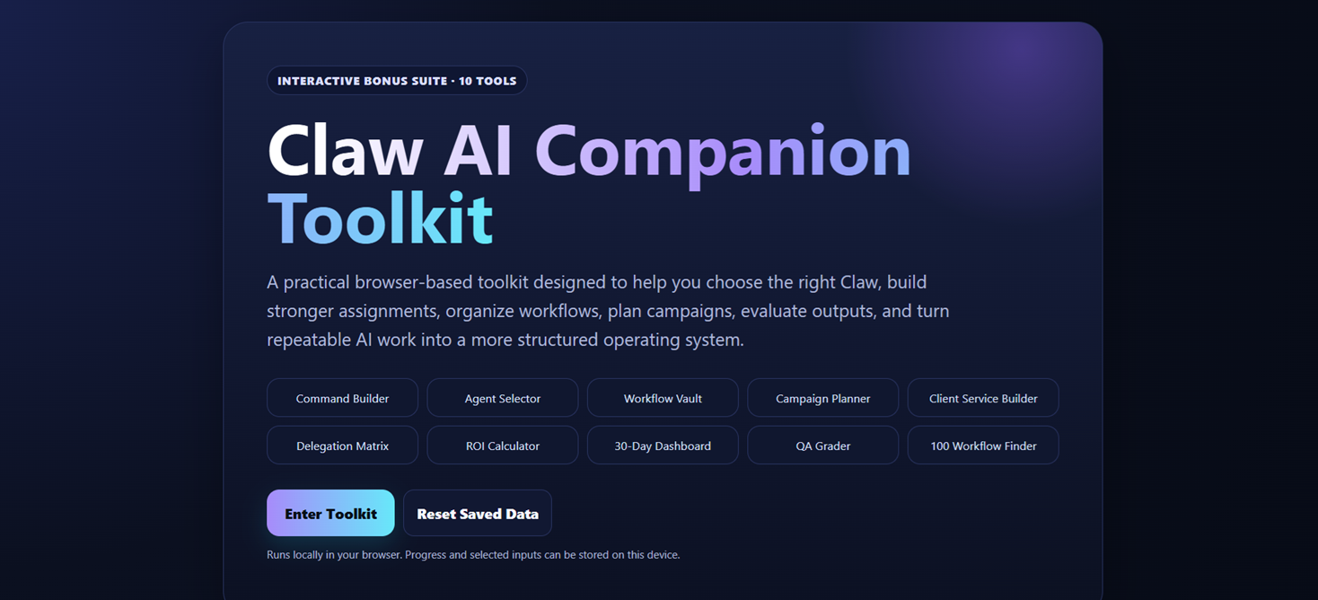 Claw AI Companion Toolkit welcome screen showing the 10-tool bonus suite