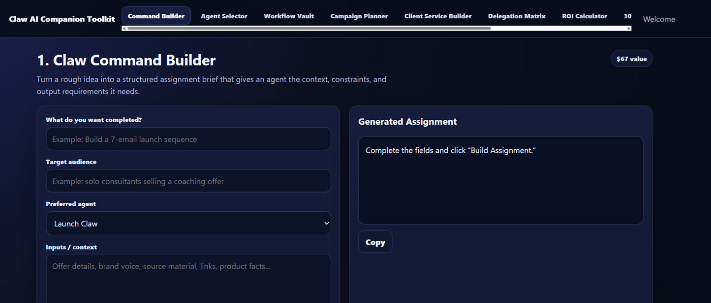 Claw AI Companion Toolkit dashboard with 10 interactive bonus tabs
