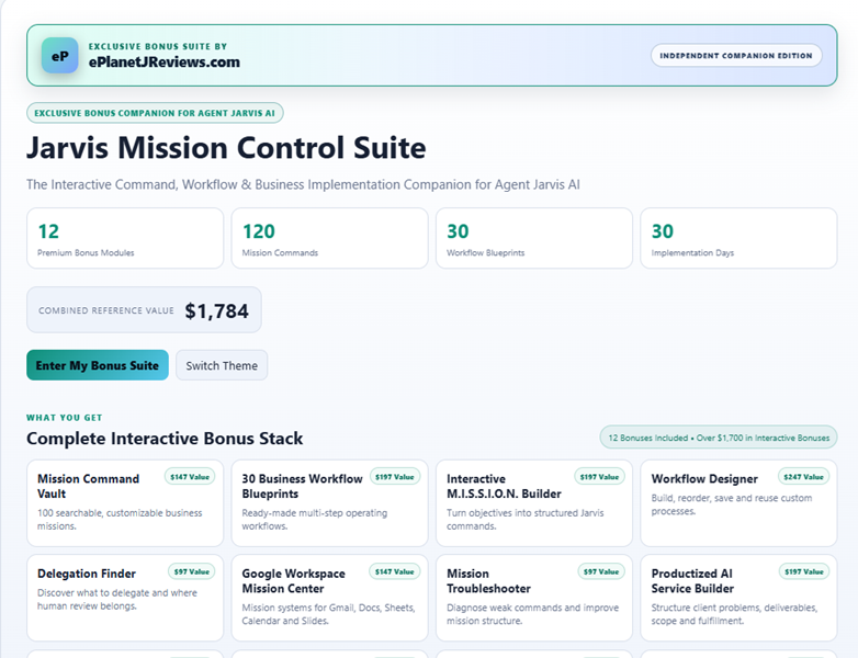 Jarvis Mission Control Suite interactive dashboard and welcome screen by ePlanetJReviews.com