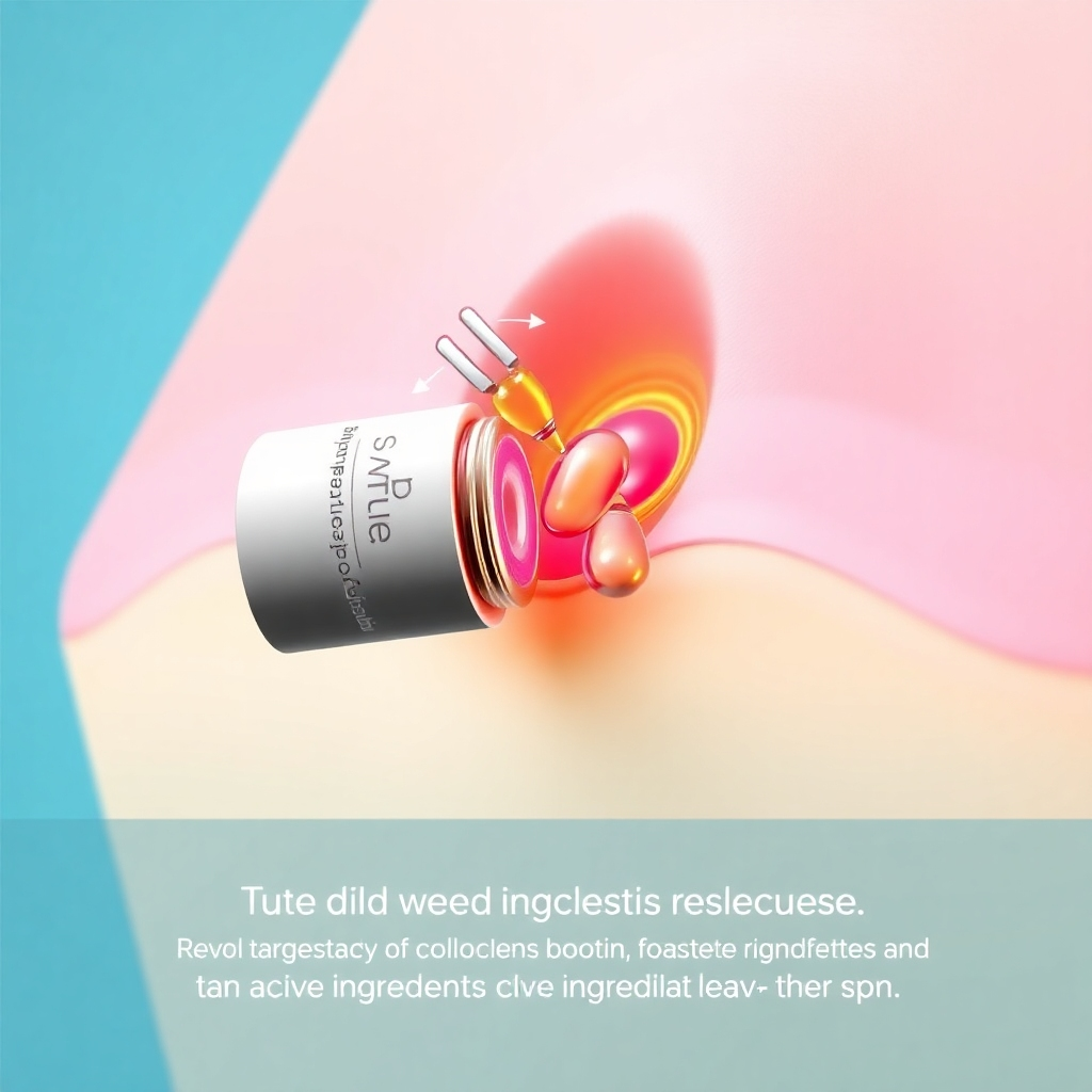 3D rendering of ReviTag serum penetrating the skin, highlighting the targeted delivery of collagen-boosting ingredients to the skin tag area. Use a vibrant color palette to represent the active ingredients and their action. Style reference: Pharmaceutical visualization.