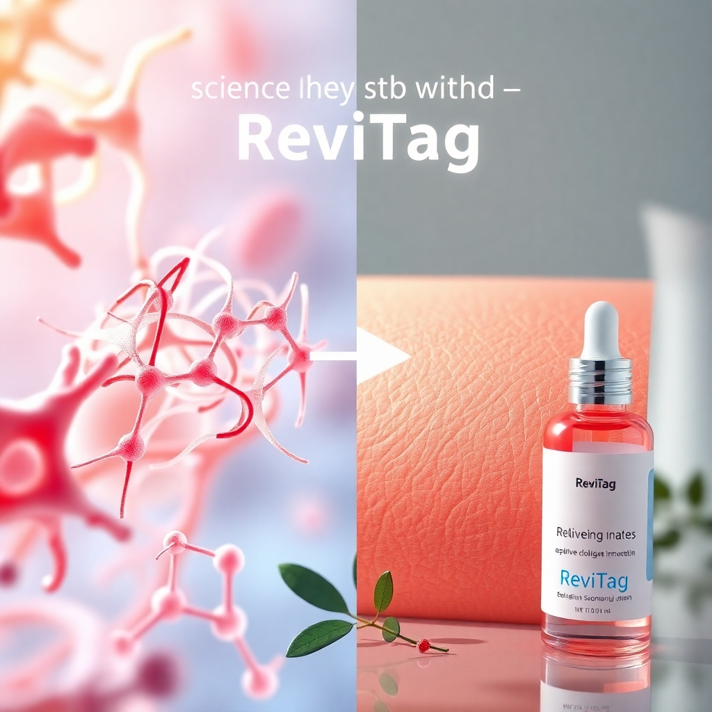 4K resolution image showcasing the science behind ReviTag. Visualize a close-up of skin cells with tangled collagen fibers being repaired and reorganized into a smooth, healthy structure. Use a vibrant color palette to represent the active ingredients and the rejuvenating process. Soft, diffused lighting highlights the cellular transformation. Style reference: Scientific illustration meets skincare advertising. Composition: Microscopic view transitioning to a macro view of smooth skin. Props: Stylized representation of collagen molecules, skin cells, and the ReviTag serum bottle. Environment: Clean, modern laboratory setting with a touch of nature.