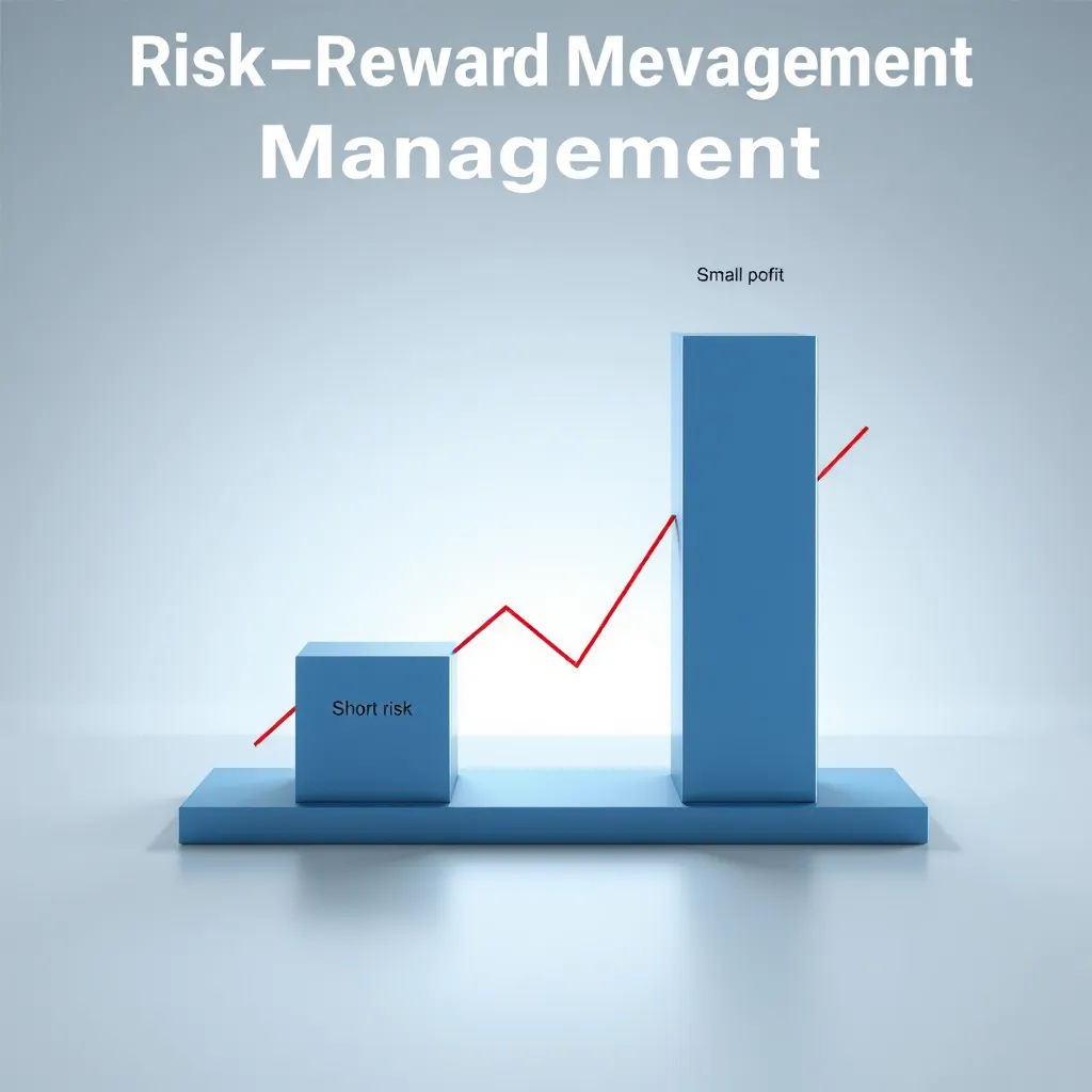A 3D bar chart illustrating the concept of risk-reward ratio. The chart shows two different trades, one with a small profit and high risk (short bar) and the other with a larger profit and lower risk (tall bar). The title 'Risk-Reward Management' is displayed above the chart.