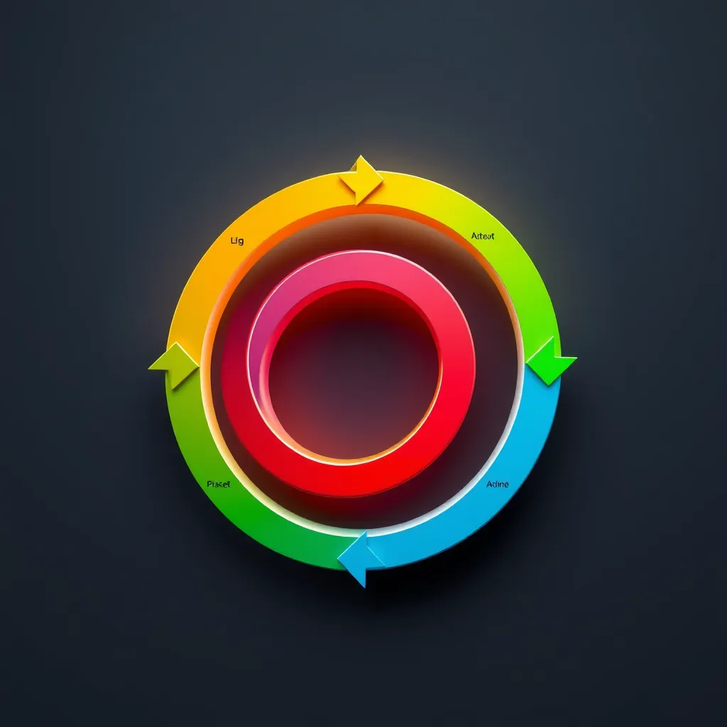 A 3D illustration depicting a cyclical motion. Each stage of the cycle is represented by a distinct color and labeled accordingly. The illustration should convey the concept of a cyclical pattern with distinct phases.