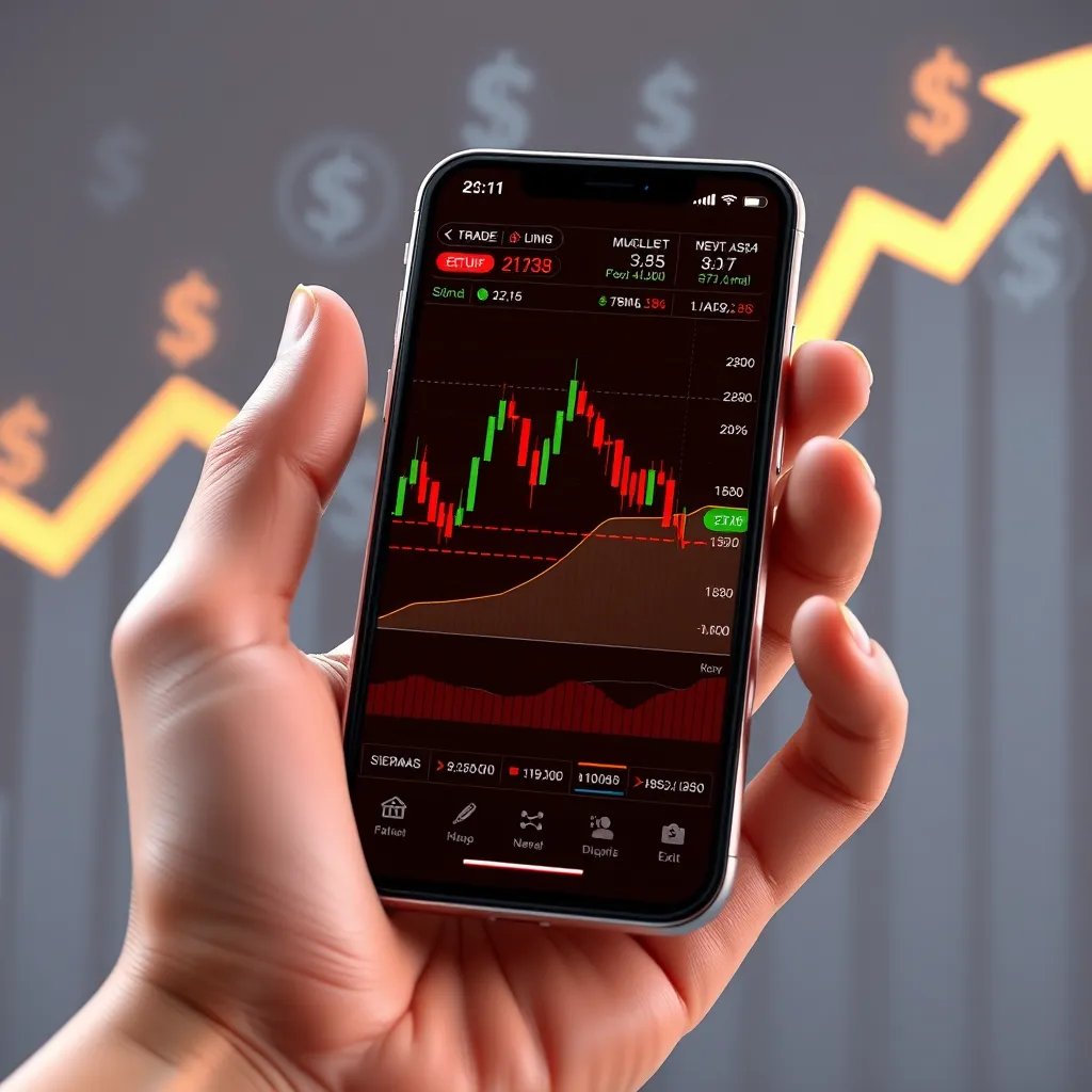 A 3D illustration of a hand holding a smartphone with a live trading chart displaying a 3.5 trading setup. The chart is marked with automated indicators and signals, showing clear entry and exit points. The background should represent a rising graph and financial symbols, symbolizing growth and successful trading.