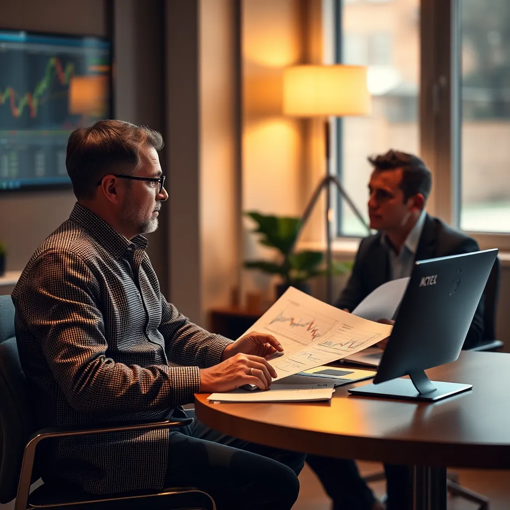 A  professional trader, sitting across from a client,  engaged in a  one-on-one consultation session. They are reviewing charts and discussing trading strategies while the client looks intently, listening attentively. The scene should be warm and welcoming, emphasizing the personalized and supportive environment.