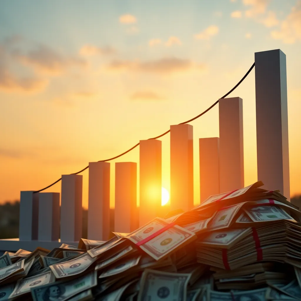 A bar graph showing a steady increase in sales and profits, with a large pile of money in the foreground. The background features a serene sunset, symbolizing success and financial freedom.