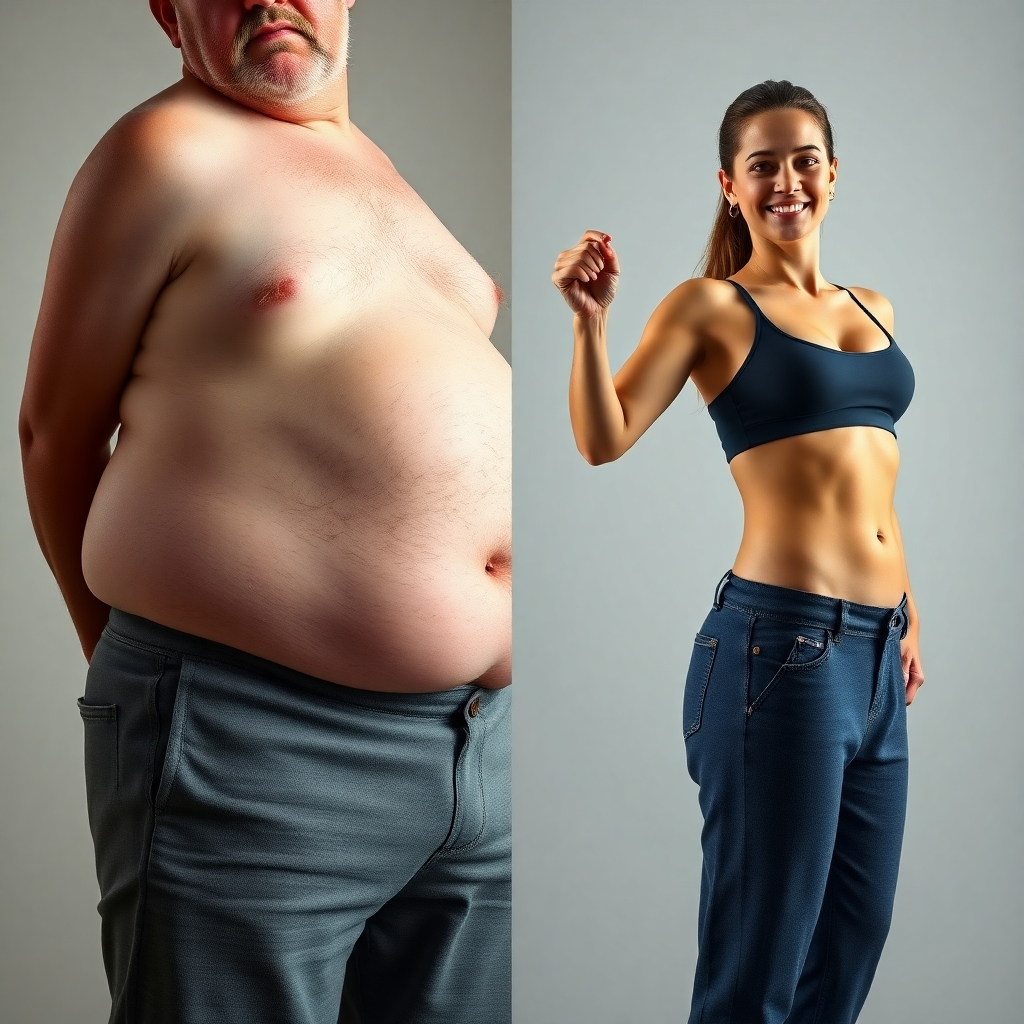 A before-and-after photorealistic split image. One side shows a person with excess weight and low energy, and the other shows the same person after using Liv Pure, appearing healthier, more energetic, and significantly slimmer.  Include subtle visual cues indicating weight loss and increased vitality.