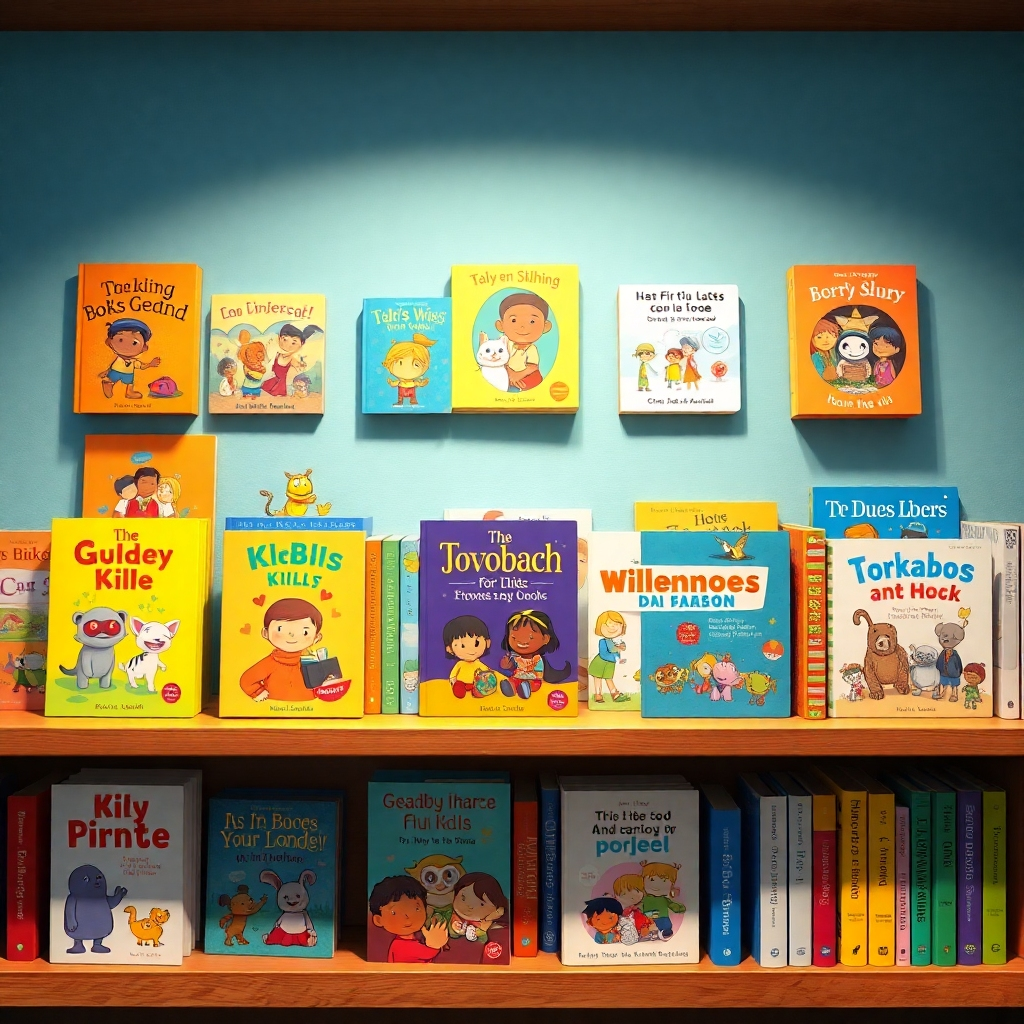 A bookshelf filled with Talking KidsBooks showcasing diverse children's books in different styles and languages. The books should have appealing covers with vibrant colors and imaginative illustrations.  The image should represent a wide variety of options.