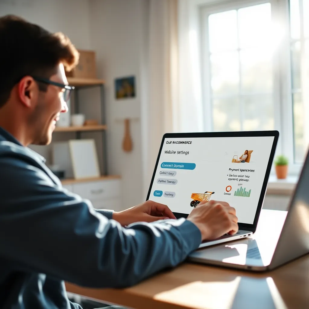 A bright and cheerful image depicting a person setting up their e-commerce website. The scene is set in a home office, with natural light streaming through a window. The person is using a laptop with a clean, modern interface, easily adjusting website settings, connecting their domain, and selecting a payment gateway. The image should convey a sense of simplicity, ease, and control, highlighting the user-friendly nature of the setup process. The color palette should be vibrant and inviting, reflecting the excitement of launching an online business. Rendered in 8K resolution with photorealistic detail.