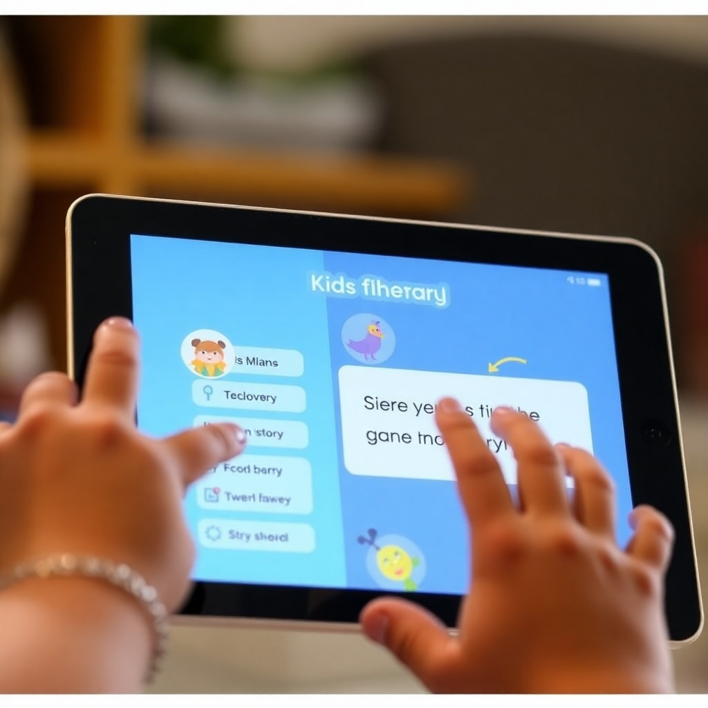 A brightly lit image depicting a tablet displaying the Kids Book AI interface. A child's hand is shown interacting with the screen, selecting different options for generating a story. The screen showcases a whimsical character design and a text preview of a generated rhyme. The background is blurred to emphasize the tablet and the child's interaction.
