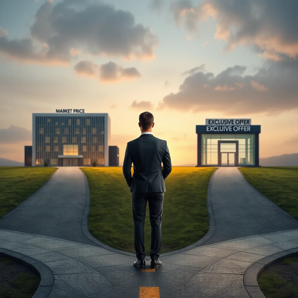 A businessman standing at a crossroads with two paths. One path leads to a large building labeled 'Market Price'. The other path leads to a smaller building labeled 'Exclusive Offer'. The businessman is looking at both paths thoughtfully.
