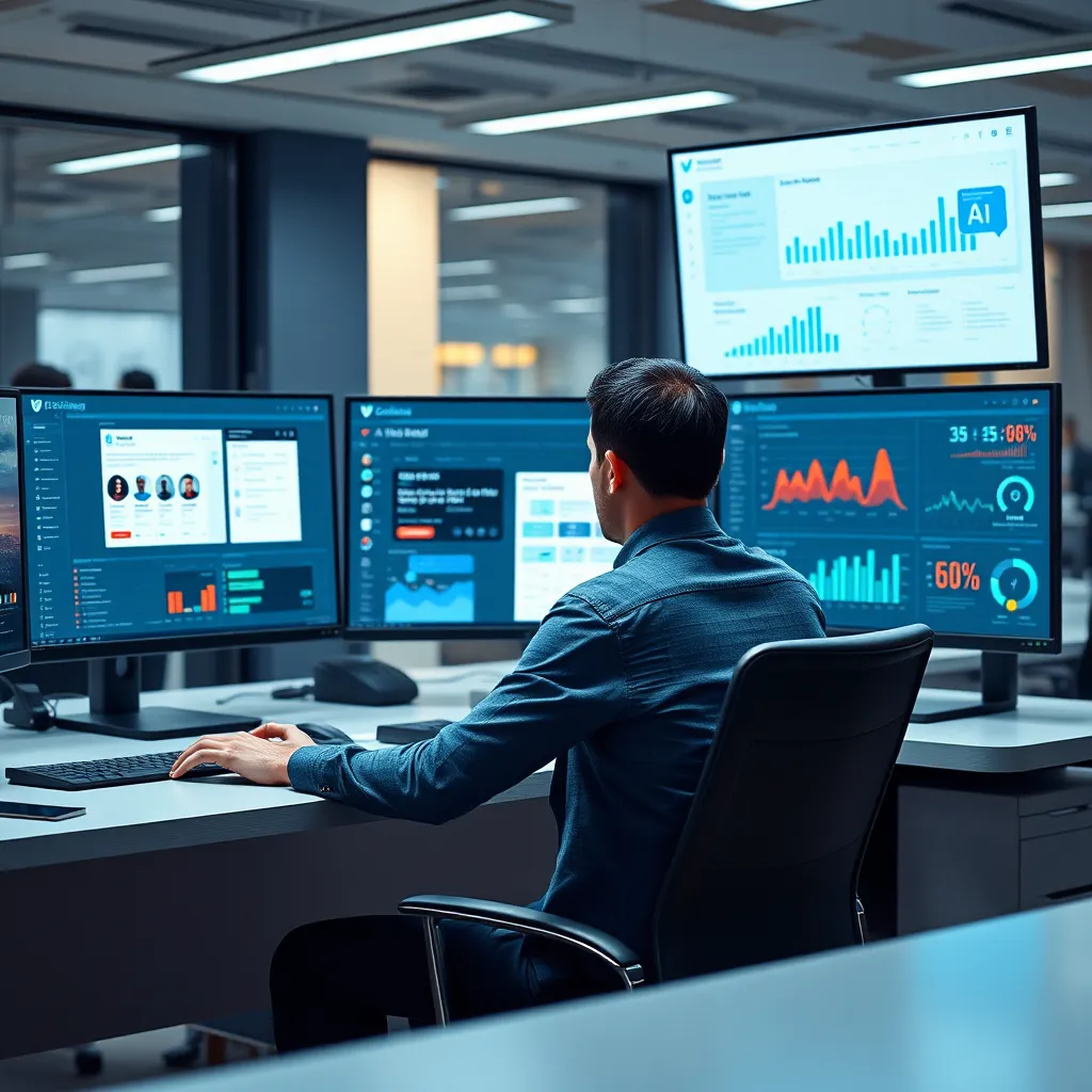 A businessperson sitting at a desk, effortlessly using different AI apps within the AI DADDY dashboard. Multiple monitors display various tasks, such as website building, chatbot interaction, and data analysis, all seamlessly integrated within the platform. The background should be a modern office environment, reflecting productivity and efficiency.
