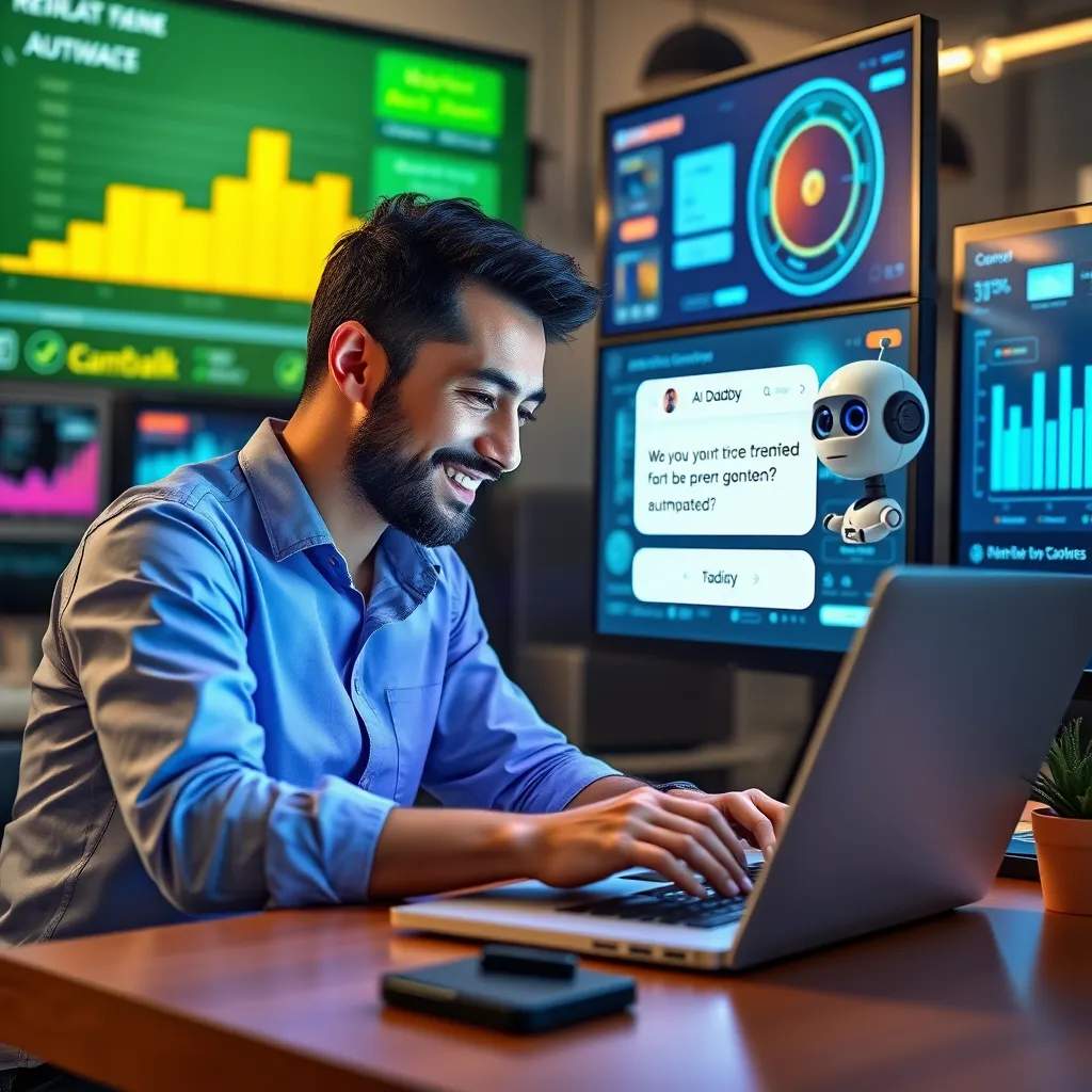  A busy entrepreneur working on a laptop, surrounded by digital screens displaying real-time data and automated tasks, while a friendly chatbot assistant pops up on the screen, offering support and guidance. The scene is bright and vibrant, showcasing the efficiency and ease of use of AI DADDY.