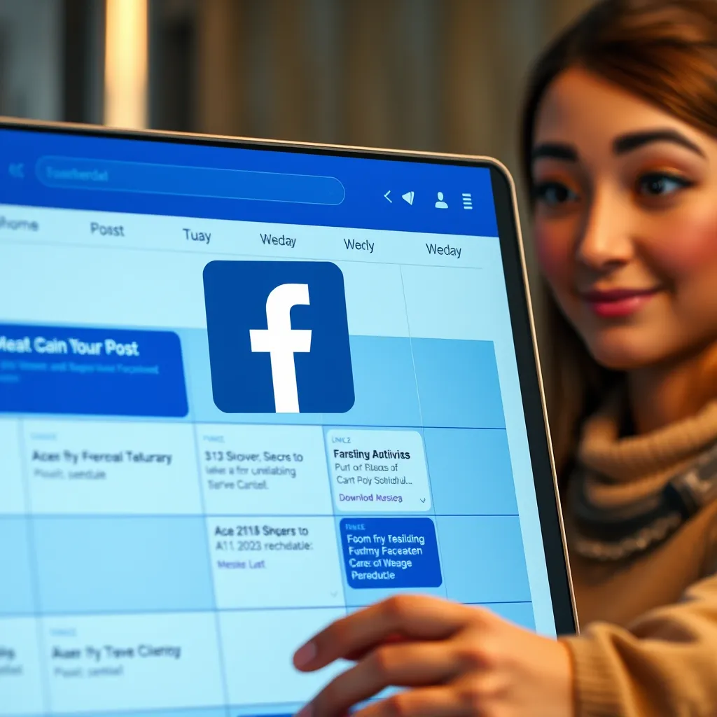 A calendar app interface with a Facebook logo overlaid on it, showcasing various posts scheduled throughout the week. In the background, a digital assistant with a friendly face is setting up the schedule and monitoring performance.