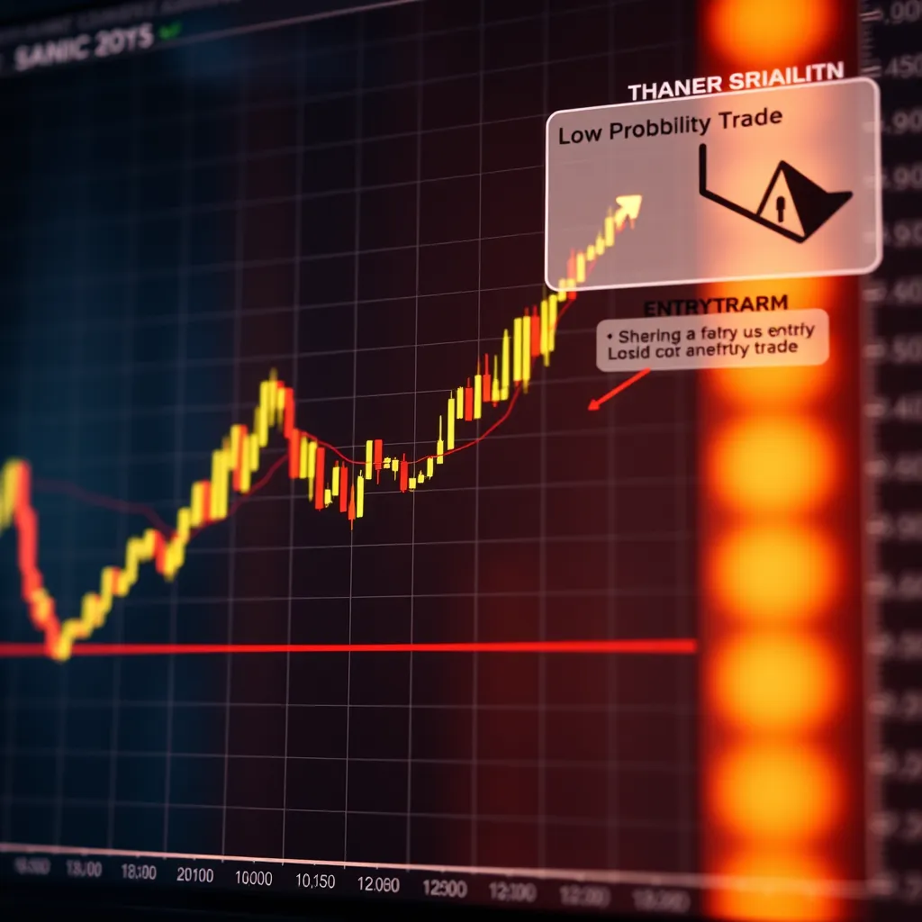 A chart with a clear upward trend line and a highlighted entry point, indicating a high-probability trade. The chart is surrounded by a visualization of a trader's thought process, showing them analyzing the chart and carefully selecting their entry point. In the background, a visualization of a low-probability trade with a high risk of loss illustrates the importance of avoiding such trades.
