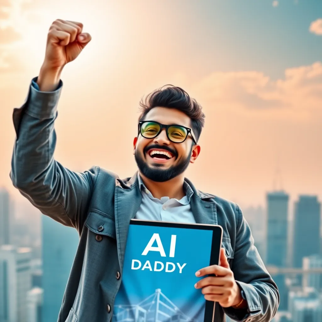  A cheerful entrepreneur celebrating with a triumphant fist bump, holding a tablet displaying the AI DADDY logo. The background features a cityscape with a bright, sunny sky, symbolizing the limitless potential and freedom that AI DADDY offers.