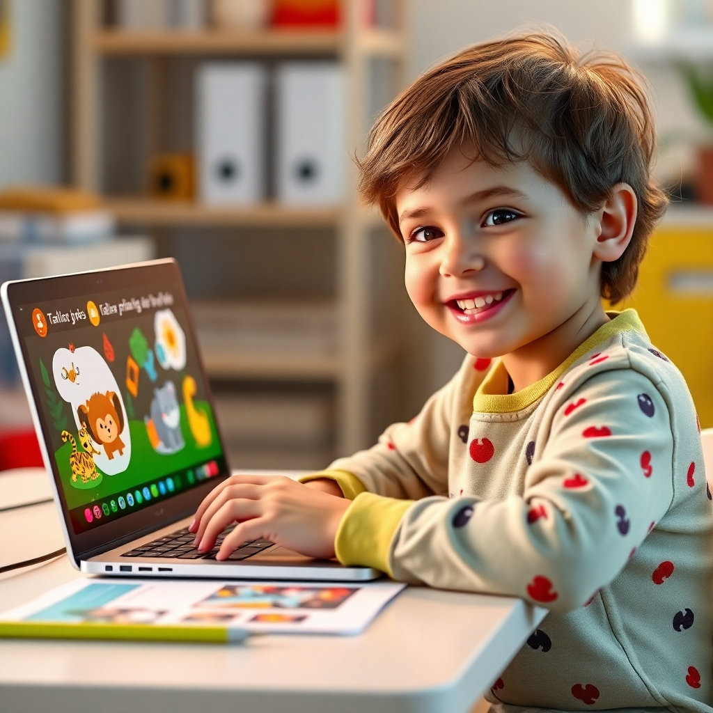 A child sitting at a desk, smiling and using a laptop to create a colorful talking book with images of animals and interactive elements. The scene is bright and cheerful, conveying ease of use and creativity.