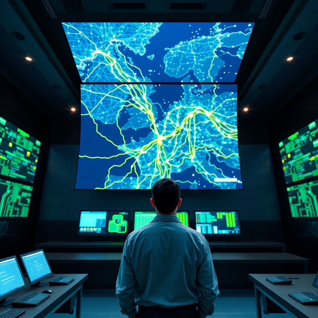 A cinematic, 8K resolution image, hyperrealistic and ultra-detailed, showcasing a power grid map projection onto a large screen in a modern control room. The map is vibrant, with glowing lines and nodes representing a steady, plentiful energy flow. The color palette emphasizes blues, greens, and whites, creating a feeling of stability and clean energy. The lighting is dramatic, highlighting the map's details while keeping the background subtly dimmed. The camera angle is low, looking up towards the screen, creating a sense of grandeur and scale. The textures should include the highly polished metallic surfaces of the consoles and screens, alongside the detailed circuitry and the soft glow of the energy lines in the projection. In the foreground, a technician monitors the system with calm efficiency. The style draws inspiration from the clean, futuristic aesthetic of Syd Mead's concept art. The image emphasizes a sense of security, reliability, and abundance of power. The overall mood is serene and confident, assuring viewers of the system's power and stability.