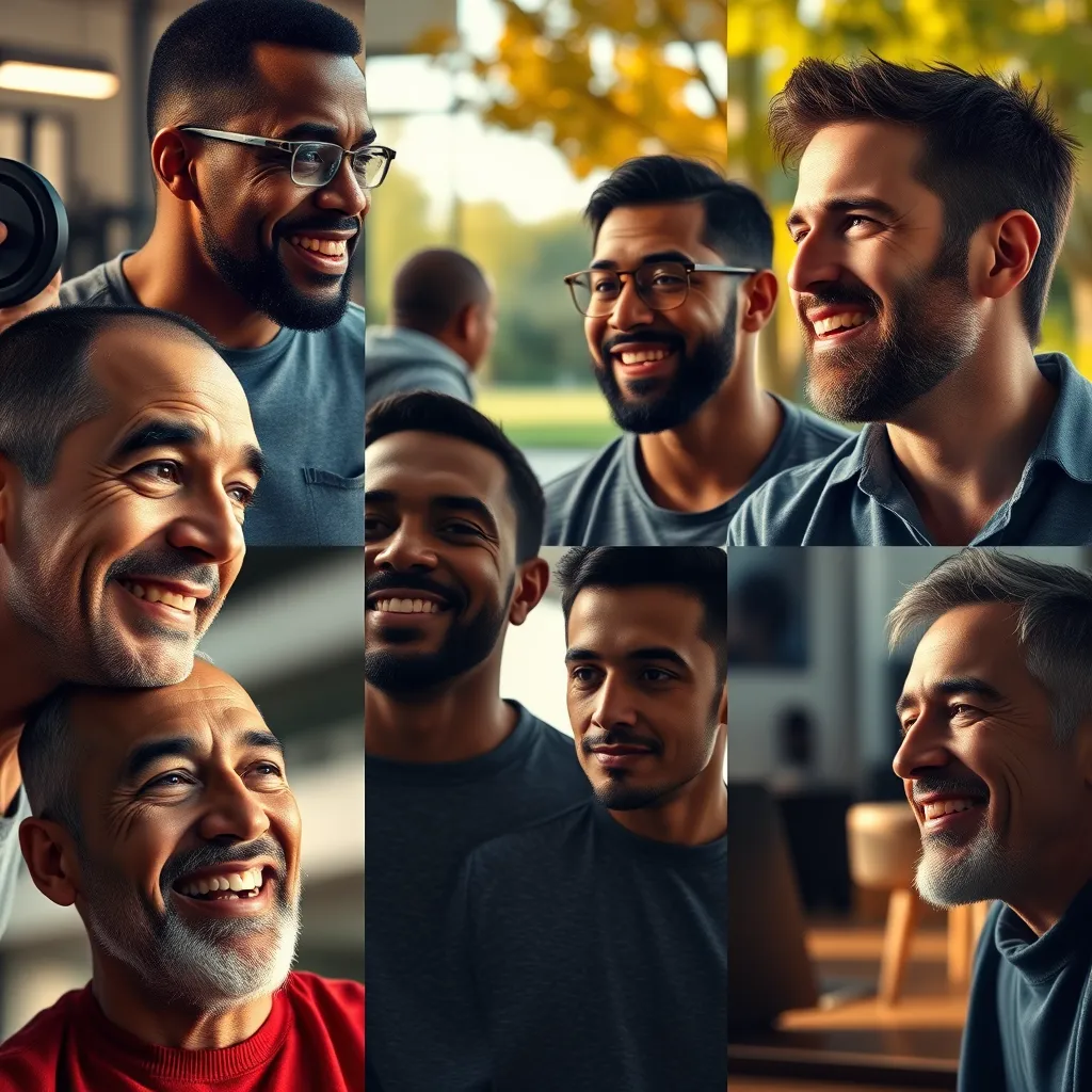 A cinematic, high-quality video featuring diverse men of different ages and ethnicities.  The men are in various settings, such as a gym, a park, and a home office, showcasing their increased energy, confidence, and vitality after using TESTOSIL.  Warm, natural lighting. Close-up shots on their faces expressing gratitude and satisfaction.  The background music is upbeat and motivational. Render in 4K resolution for a hyperrealistic experience.