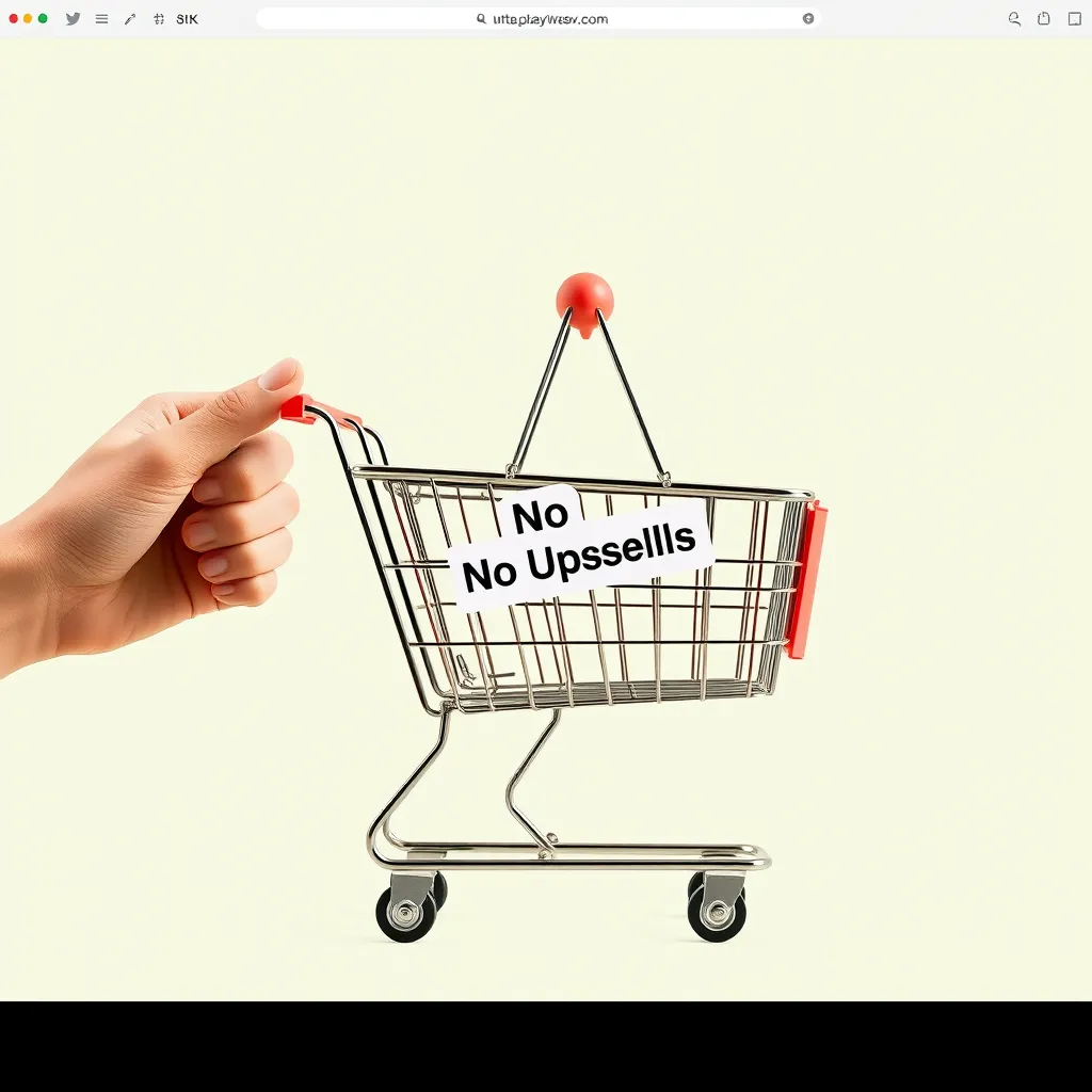 A clean, modern website with a shopping cart icon. The shopping cart has a 'No Upsells' label attached, and a hand reaching out to grab it. The background is a bright, cheerful color.