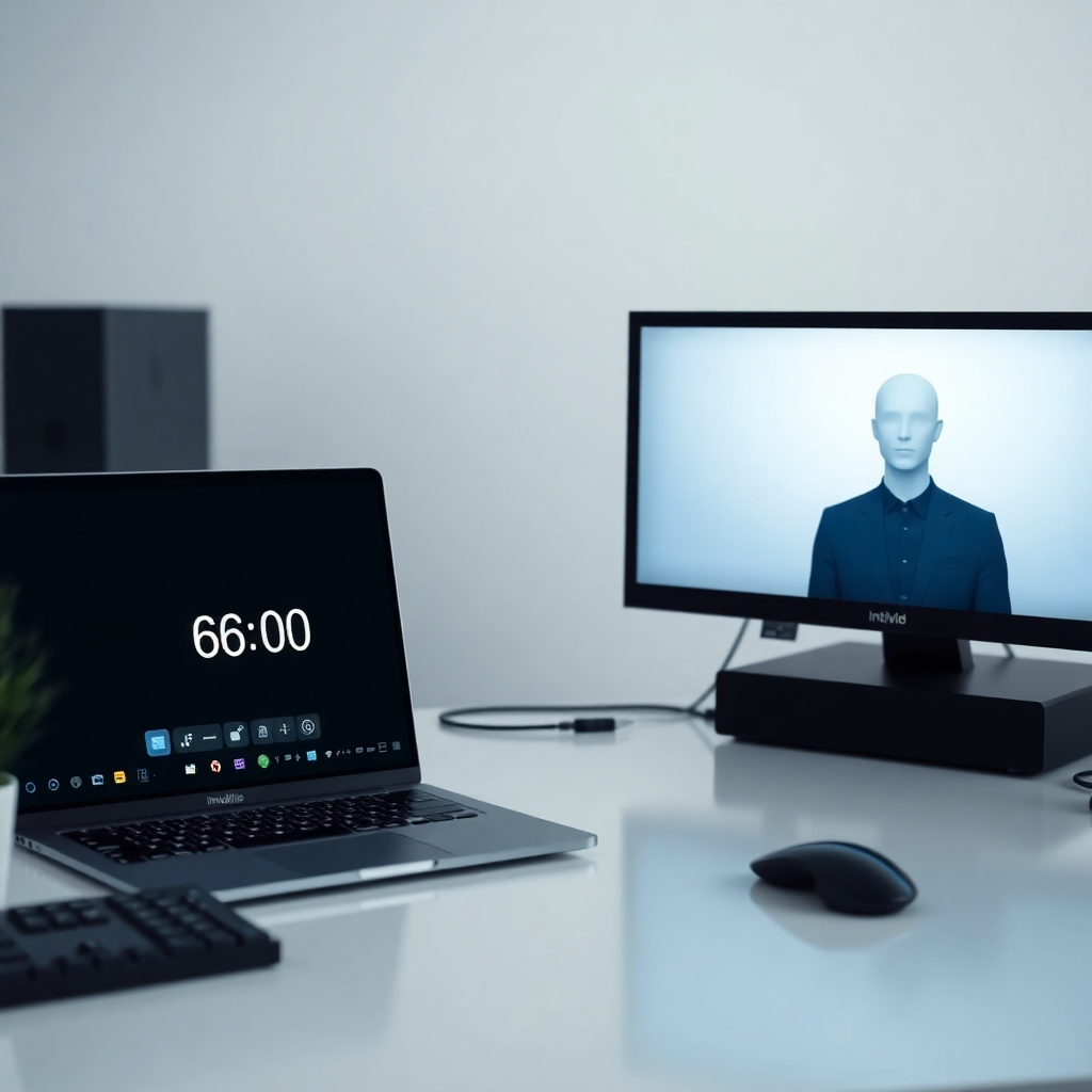 A clean, modern workspace with a laptop displaying Intellivid AI Studio's interface showing a timer counting down from 60 seconds to 0, alongside a high-quality faceless video playing on a second monitor. The overall mood should be one of efficiency and speed.