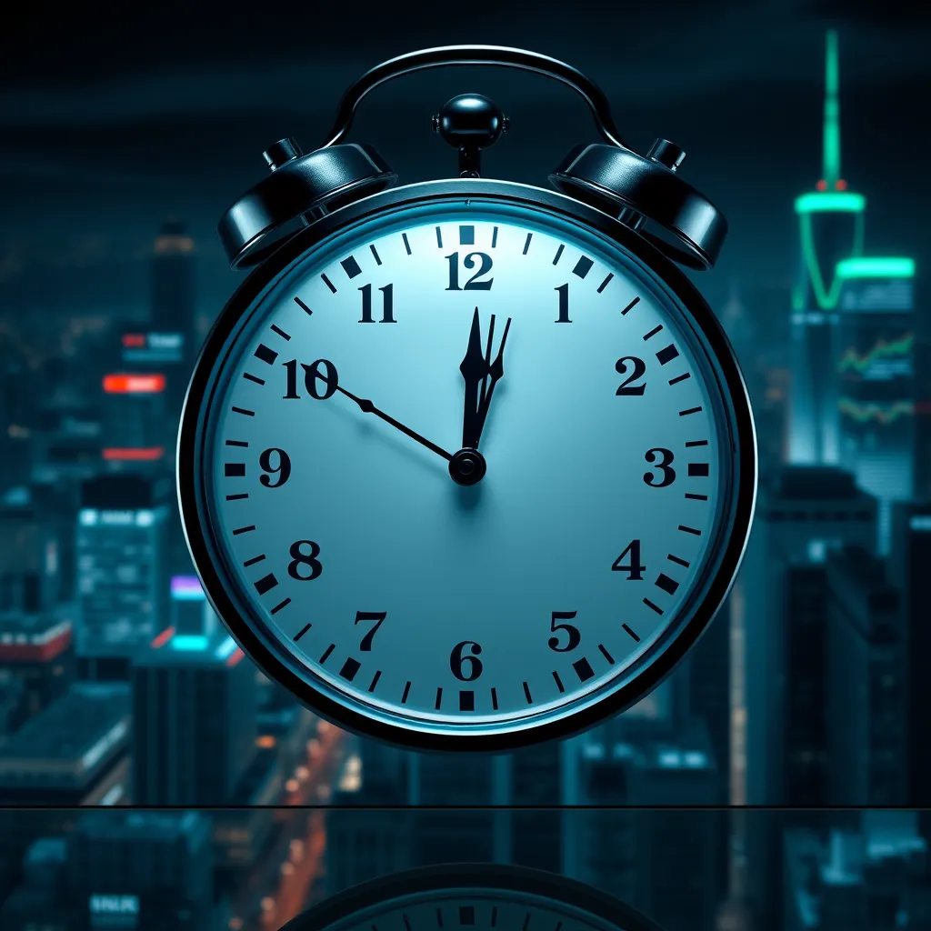 A clock with the hands rapidly approaching the last seconds, set against a backdrop of a bustling cityscape, representing a deadline and the urgency of this limited-time offer. The clock face is surrounded by trading charts and graphs, highlighting the time-sensitive nature of this opportunity.