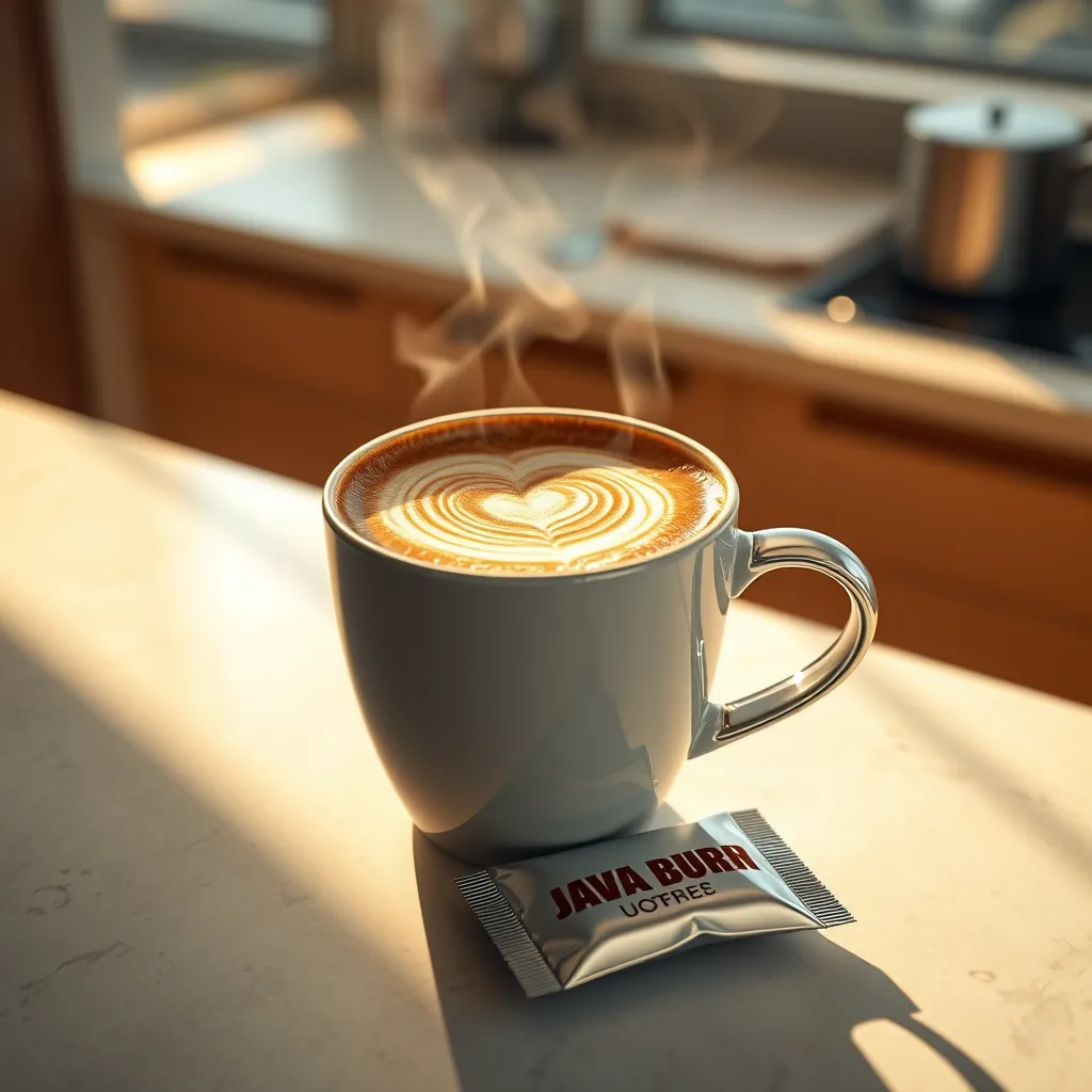 A close-up, high-angle shot of a steaming cup of coffee, set against a sleek, modern kitchen countertop.  The coffee is rich and dark, with a swirling pattern of cream on top.  Sunlight streams through a window, creating a warm, inviting atmosphere.  The Java Burn packet is subtly positioned beside the cup, with a sleek, modern design.  The lighting should be soft and diffused, highlighting the texture of the coffee and the sheen of the Java Burn packet.  The image should be ultra-realistic, with detailed textures and sharp focus.  Capture the sense of warmth, energy, and anticipation associated with a morning coffee routine.  Render in a warm, inviting color palette, emphasizing tones of caramel, brown, and cream.