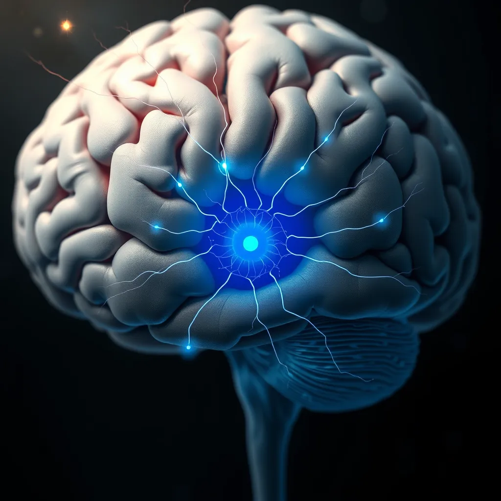 A close-up, highly detailed anatomical illustration of the human brain, with the pineal gland highlighted in a vibrant, pulsating blue.  The surrounding brain tissue should be in a soft, muted grey.  Include delicate, glowing neural pathways radiating from the pineal gland, symbolizing its connection to higher brain functions.