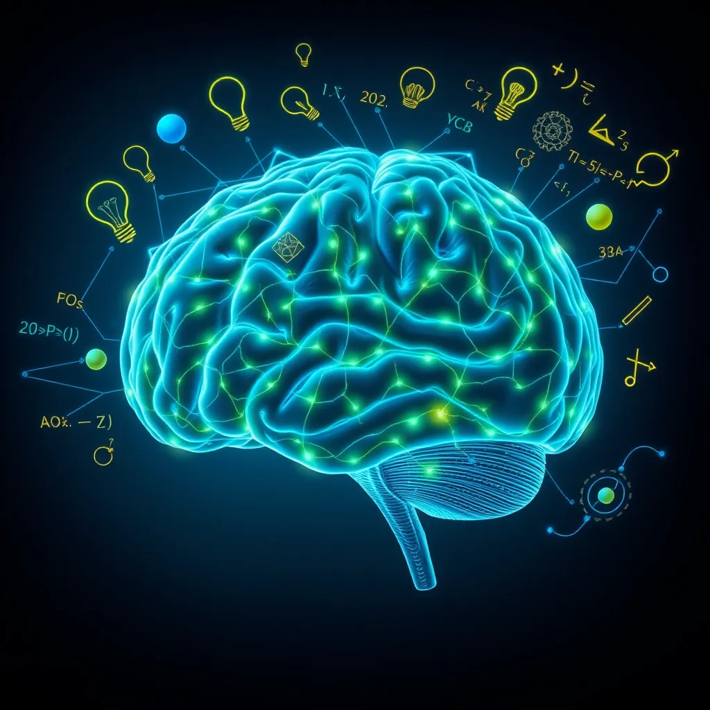 A close-up, highly detailed image of a person's brain, rendered in a futuristic, vibrant style. The brain is composed of intricate neural pathways, pulsing with glowing blue and green light. Surrounding the brain are swirling, abstract shapes representing enhanced cognitive function, such as light bulbs, gears, and mathematical equations. The background is a dark blue gradient, creating a sense of depth and mystery. Rendered in 8K resolution with hyperrealistic detail, capture the energy and power of NeuroQuiet's cognitive-enhancing properties.  Style references: Alphonse Mucha, HR Giger, the film "Inception".  Capture a feeling of awe and wonder, highlighting the potential of the human brain.