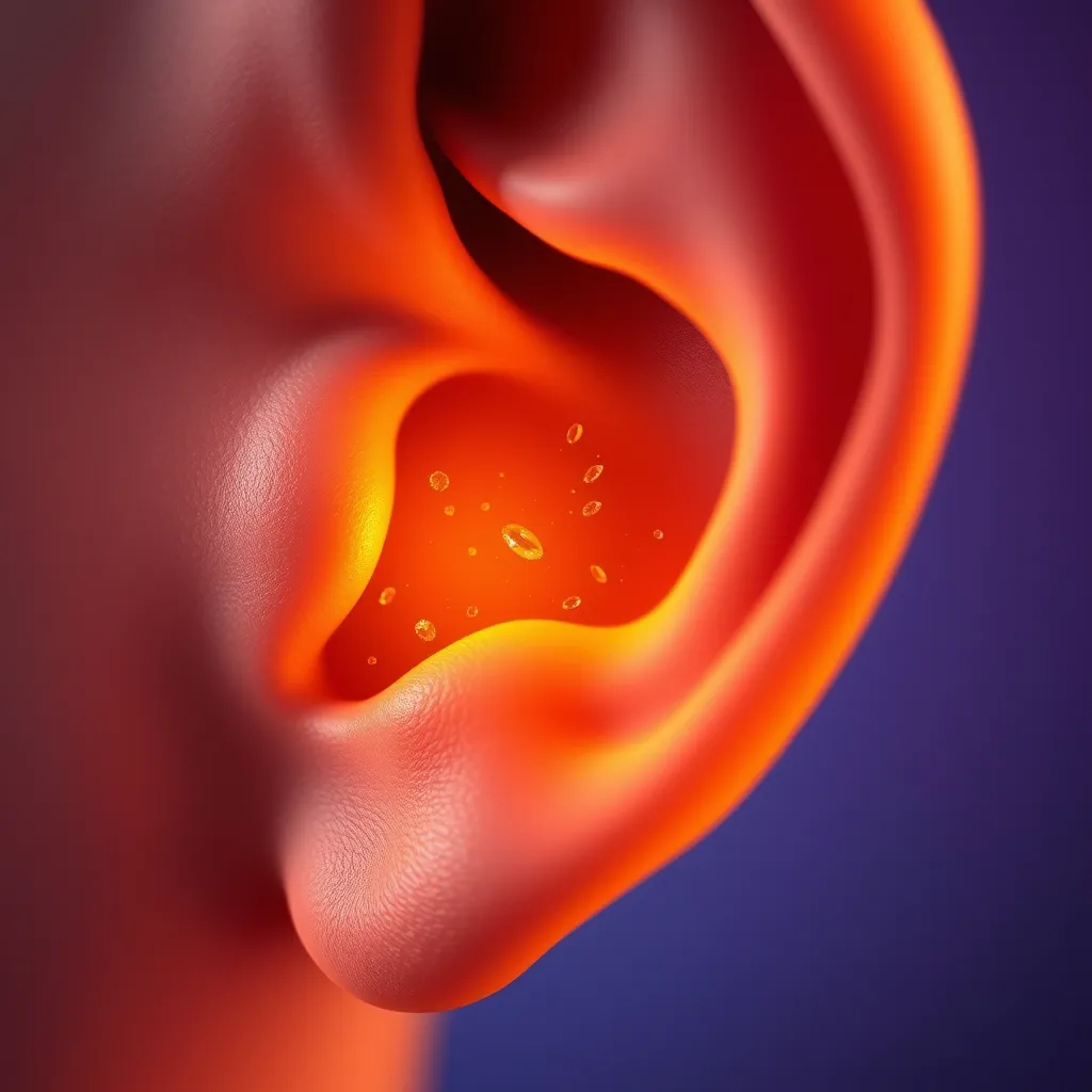 A close-up, highly detailed image of a human ear, rendered in a photorealistic style with a warm, inviting color palette. The ear is illuminated by soft, golden light, emphasizing its intricate structure.  Tiny, colorful particles representing NeuroQuiet's ingredients are swirling around the ear, symbolizing their beneficial effects. The background is a gradient of blues and purples, evoking a sense of tranquility and calm. Rendered in 8K resolution with hyperrealistic detail, the image should capture the delicate beauty and complexity of the ear, while highlighting NeuroQuiet's ability to restore sound clarity and well-being. Style references: Leonardo da Vinci, the film "Arrival".