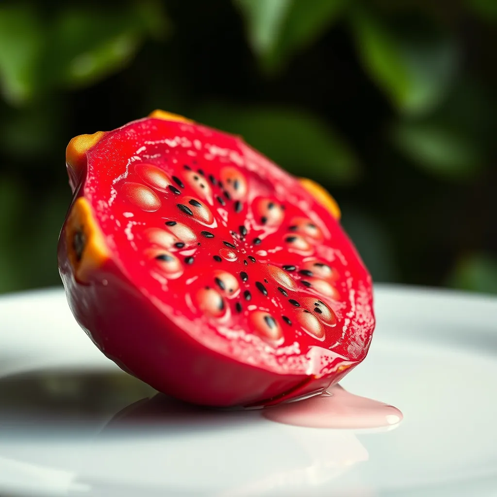 A close-up, macro photograph of a vibrant red 'wonder fruit' sliced open, revealing juicy flesh with visible seeds. The fruit is arranged artfully on a white plate, with a few droplets of condensation forming on the surface. The lighting is soft and diffused, casting a warm glow on the fruit. The background is a blurred bokeh of lush green foliage, conveying a sense of freshness and natural vitality. Render the image in ultra-high resolution, capturing every detail of the fruit's texture and color, with a focus on realistic depth and dimension. Capture the image in the style of a food magazine, emphasizing the beauty and allure of the fruit.