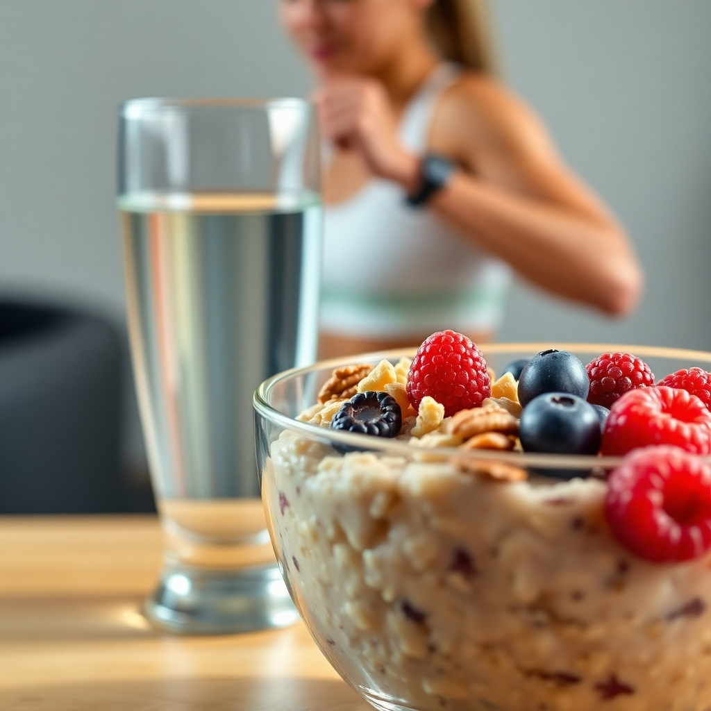 A close-up, photorealistic image of a bowl of oatmeal with berries and nuts, alongside a glass of water. The background subtly shows a person exercising, linking the healthy food to an active lifestyle.  The lighting should be warm and inviting, highlighting the natural textures of the food.