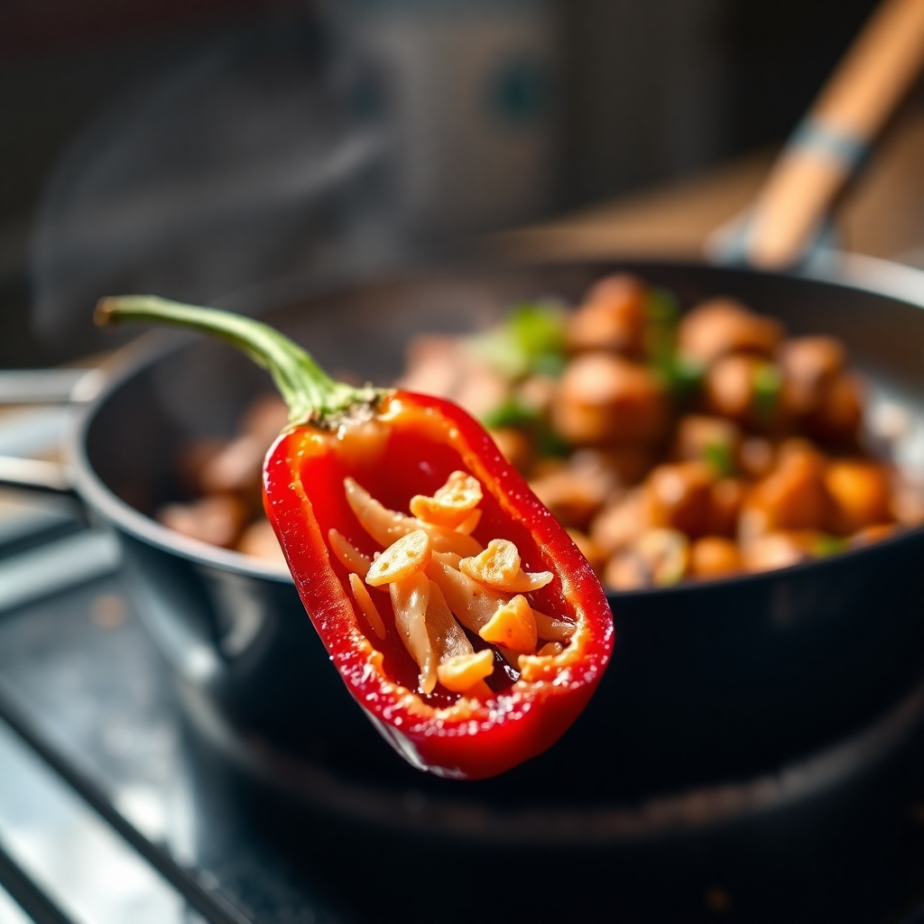 A close-up, photorealistic image of a vibrant red chili pepper sliced open, revealing its seeds.  In the background, a sizzling pan with a delicious-looking chili dish is visible. The lighting is warm and inviting, highlighting the texture and color of the chili pepper and the food.