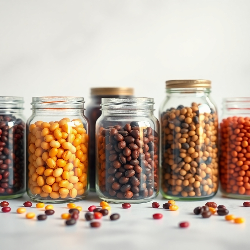 A close-up, photorealistic image of a variety of dried beans in separate glass jars. The jars should be clear, showcasing the different colors and textures of the beans. The background should be a clean, white countertop with soft, even lighting, emphasizing the vibrant colors of the beans.