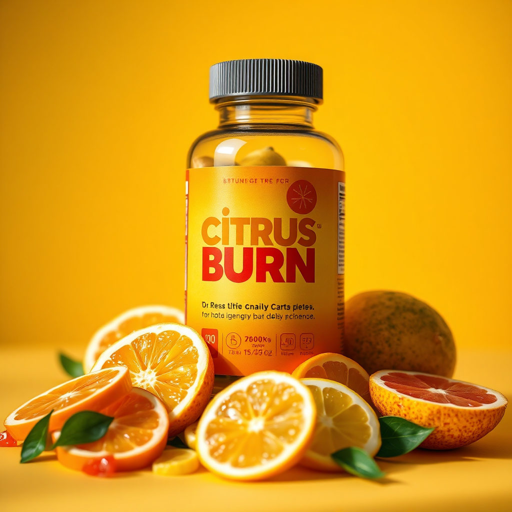 CitrusBurn bottle with vibrant citrus fruits