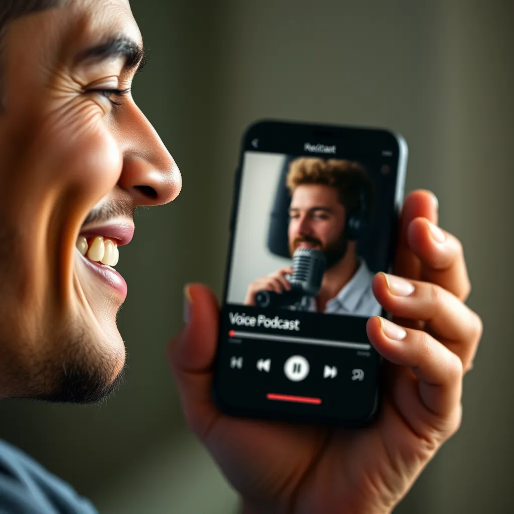 A close-up image of a person listening intently to a podcast with a smile on their face. The podcast player shows a captivating image of a person speaking with a compelling voice, highlighting the connection and engagement achieved through AI voice cloning.