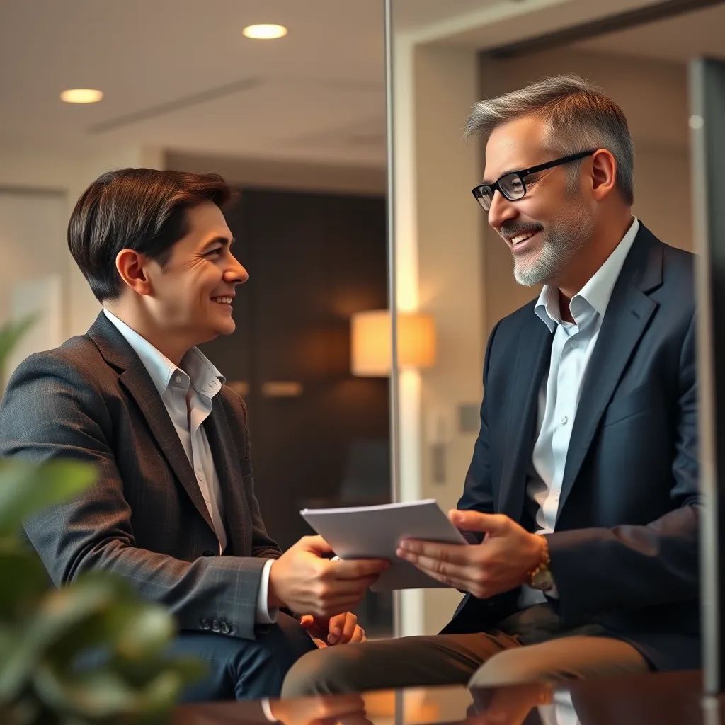 A close-up image of a professional financial advisor meeting with a client in a private office. The advisor is wearing a formal suit and has a friendly and approachable demeanor. The client is dressed casually and is actively engaged in the conversation, asking questions and taking notes. The office is modern and sophisticated, with warm lighting and minimalist decor. The scene should be intimate and confidential, emphasizing the personalized and one-on-one nature of the consultation. The image should be in a photorealistic style with realistic textures and soft, natural lighting. The color palette should be warm and inviting, incorporating earth tones and soft greens.
