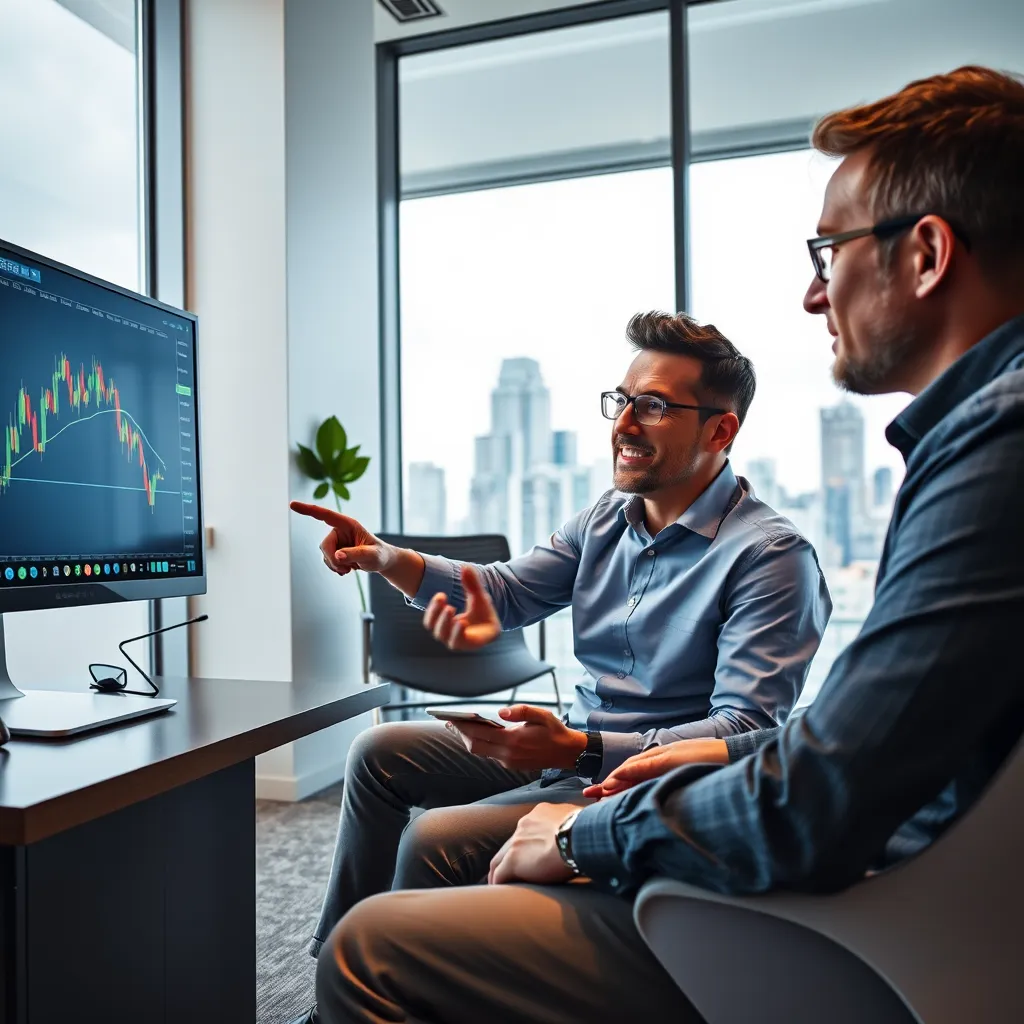 A close-up image of a trader and a mentor sitting together in a modern, well-lit conference room. The mentor is pointing at a computer screen displaying a live stock chart with the 3.5 trading setup clearly visualized. Both individuals are engaged in a discussion, with the trader actively listening and asking questions. The mentor is radiating confidence and experience, while the trader is eager to learn and absorb new information. The background is clean and professional, featuring minimalist décor and a large window overlooking a vibrant cityscape.  Capture the image with a natural, candid style, showcasing a genuine interaction between the mentor and trader.  The light should be soft and diffused, creating a warm and inviting atmosphere.  Render the image in high resolution, capturing the details of their facial expressions, gestures, and the technology they are using.
