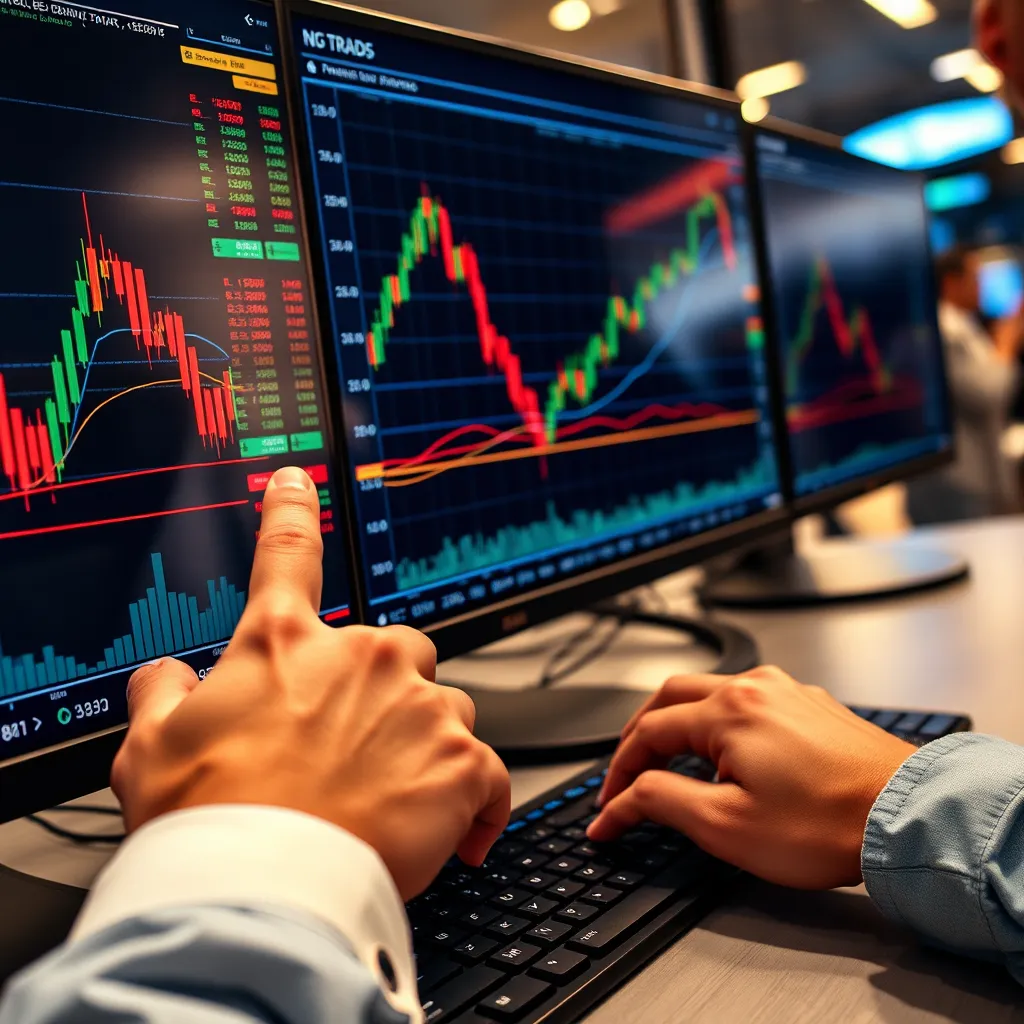 A close-up image of a trader's hands on a high-resolution, multi-monitor setup, displaying live market data charts and indicators. The charts should show a clear example of a breakout pattern, with support and resistance levels clearly marked. The trader is intently studying the charts, with a focused expression and a finger pointing to a crucial price point. Soft ambient lighting casts a warm glow on the workspace. The background is blurred, suggesting a bustling trading floor environment. The image should be rendered in a photorealistic style with a high level of detail, showcasing the complexity and intensity of intraday trading. Focus on the textural details of the monitors, the keyboard, and the trader's hands, creating a sense of realism and immersion. Emphasize the vibrant colors and dynamic lines of the market data, creating a visually captivating and informative image.