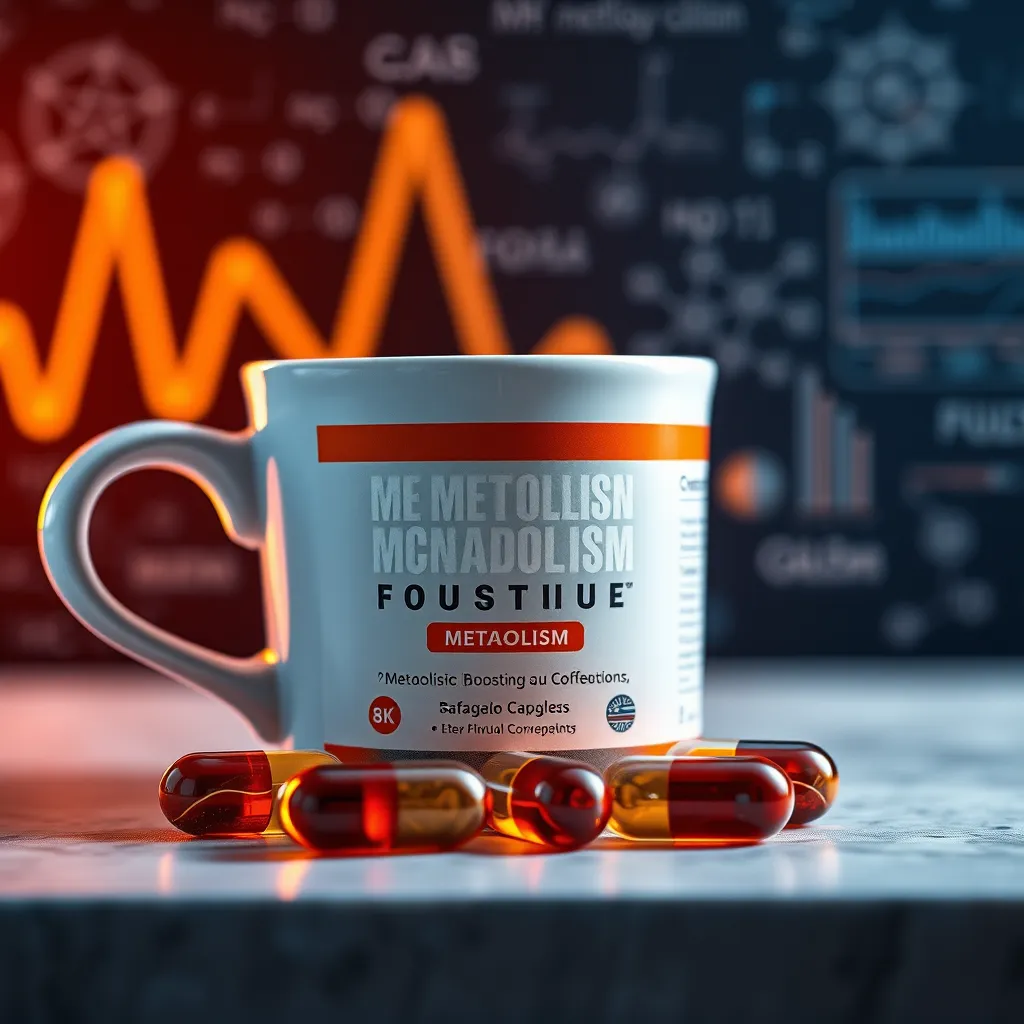 A close-up image of the metabolism-boosting supplement capsules alongside a coffee cup, with a stylized representation of scientific data and formulas in the background, emphasizing the product's scientific foundation.
