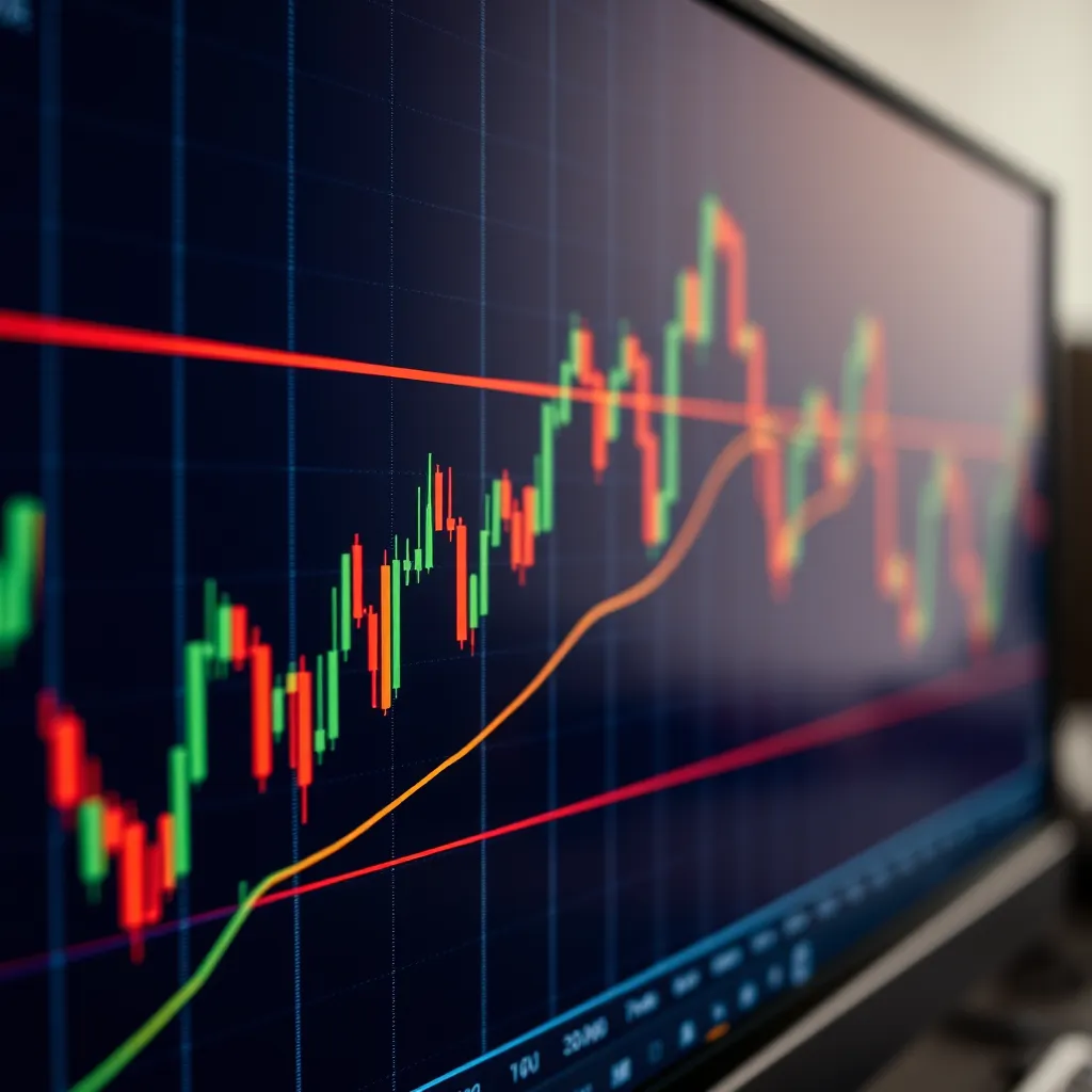 A close-up of a computer screen displaying a stock chart with highlighted trend lines, support and resistance levels, and a breakout point. The chart should be visually engaging and represent a clear, easy-to-understand market structure.