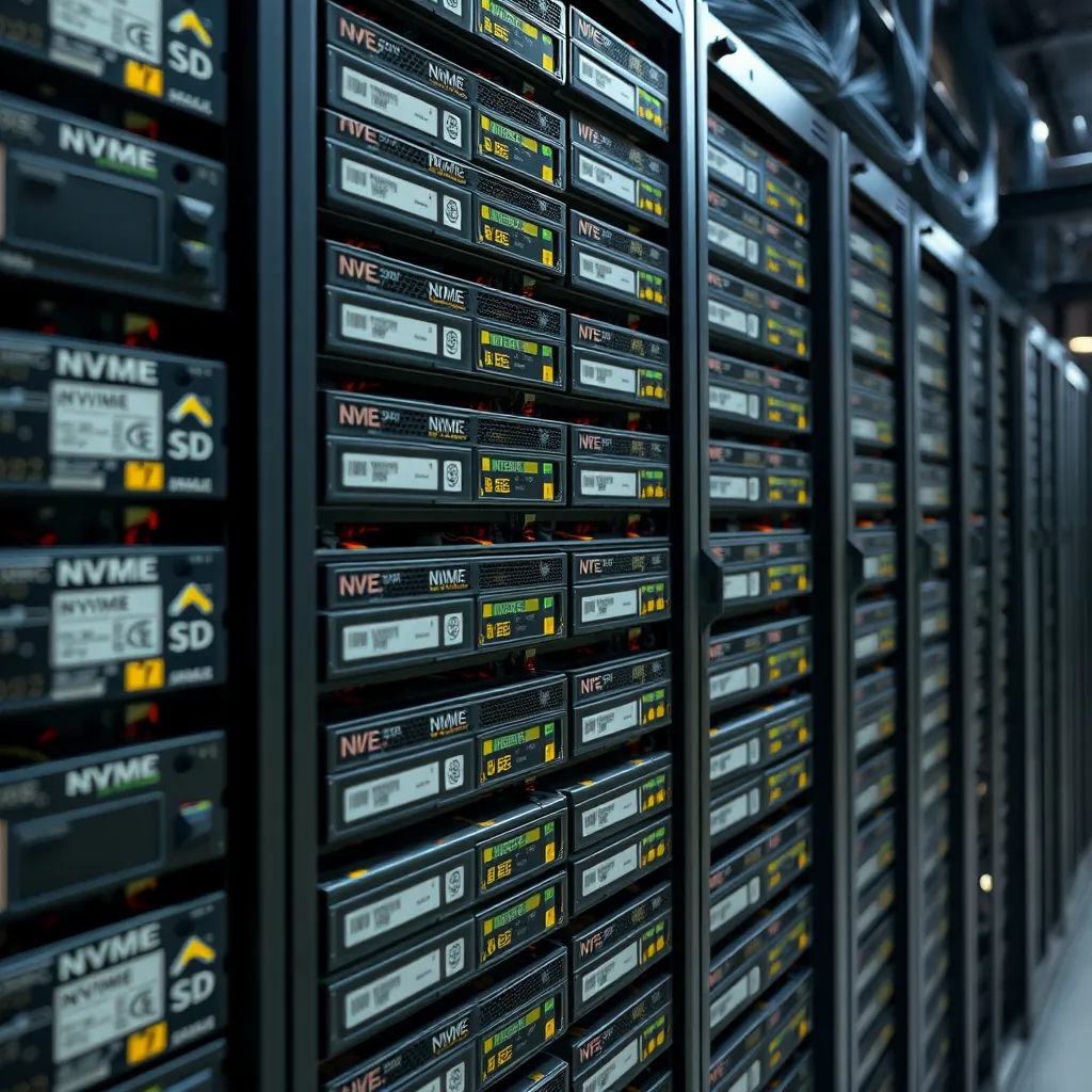 A close-up of a large server rack filled with NVMe SSDs. The server rack is in a data center with rows of other servers and intricate network infrastructure.  The image should convey the scale and reliability of the technology, emphasizing the secure and efficient storage of massive amounts of data.
