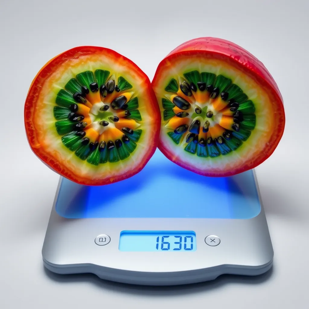 A close-up photo of a vibrant, exotic fruit cut in half, revealing a juicy, colorful interior. The fruit is placed on a sleek, modern scale with a digital display showing a significant decrease in weight. The background is a minimalist, white studio setting with subtle lighting.