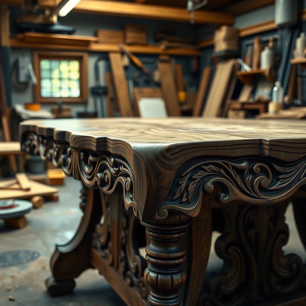 A close-up photo of a wooden table with intricate carvings, showcasing its craftsmanship and detailed design. The table is placed in a well-lit workshop with tools and materials scattered around, suggesting a creative and fulfilling woodworking experience.