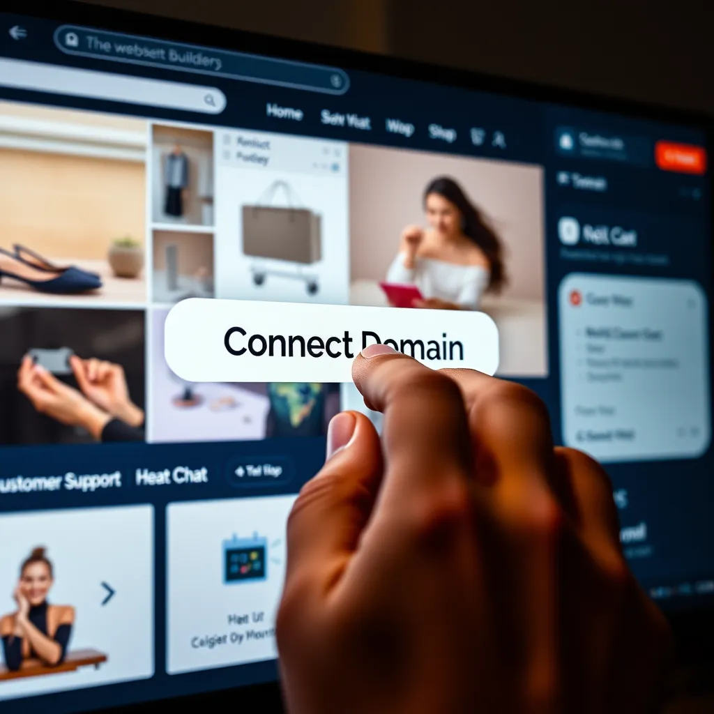 A close-up photorealistic image of a hand holding a mouse, clicking on a button that says 'Connect Domain' on a computer screen displaying the website builder interface. The background should show various website elements like a product showcase, a shopping cart, and a customer support chat box.