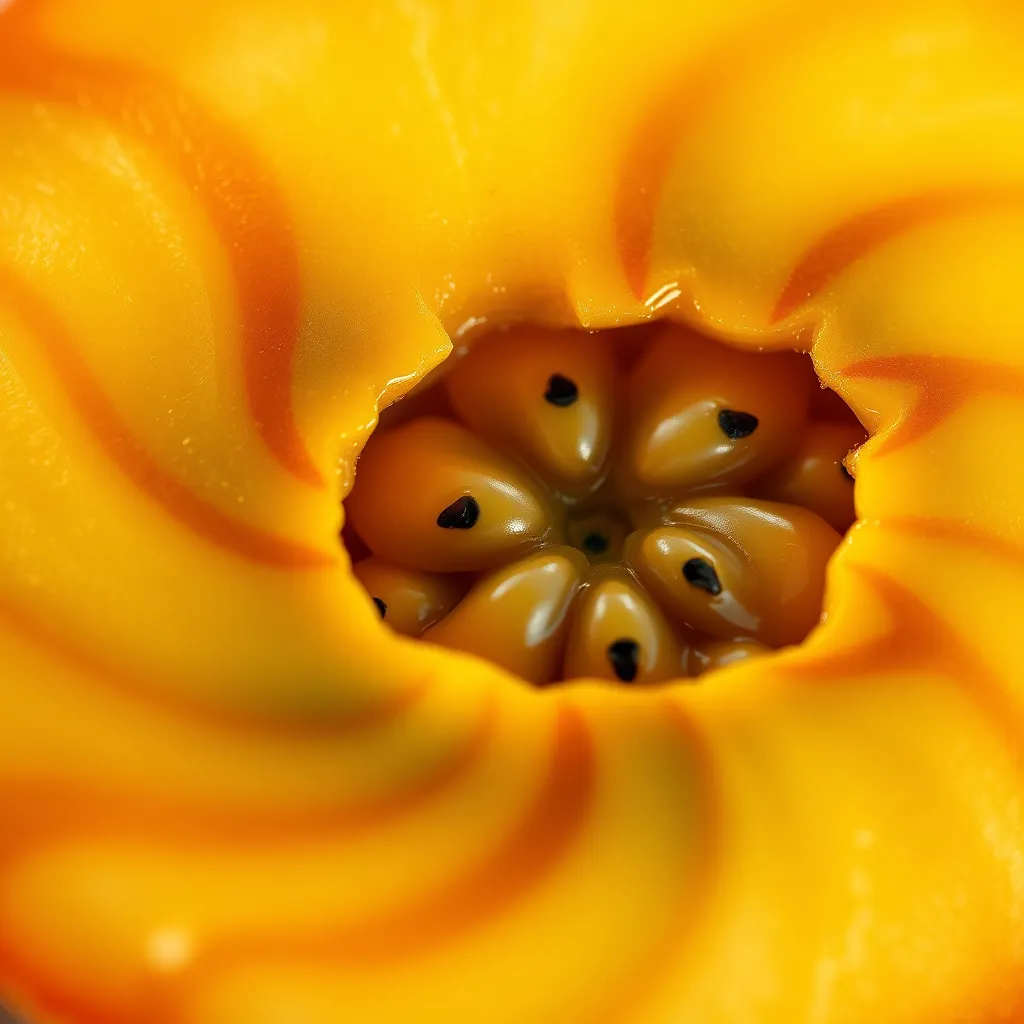 A close-up photorealistic image of a vibrant, exotic fruit with a swirling pattern on its surface. The fruit is cut in half, revealing a juicy, fleshy interior with visible seeds. The image should depict a warm, inviting light that highlights the fruit's natural beauty and potential for health benefits.