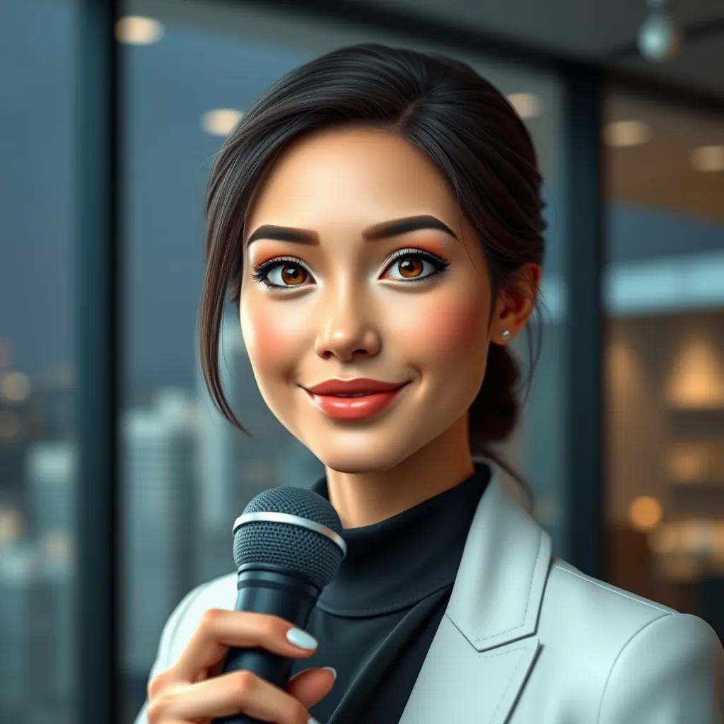 A close-up portrait of a virtual human, a woman with realistic features and warm, inviting eyes, standing in front of a sleek, modern office setting. The background is blurred, showcasing a cityscape through a large window. The lighting is soft and natural, casting a subtle glow on her face. The virtual human is wearing a professional outfit and holding a microphone. The image should capture a sense of professionalism and approachability, conveying the idea of a human connection. Render in 8K resolution with hyperrealistic details, emphasizing the lifelike textures of her skin, hair, and clothing. Capture the subtle nuances of her facial expressions, creating a sense of authenticity and human emotion. The overall mood should be confident and engaging, reflecting the power of AI human spokesperson videos.